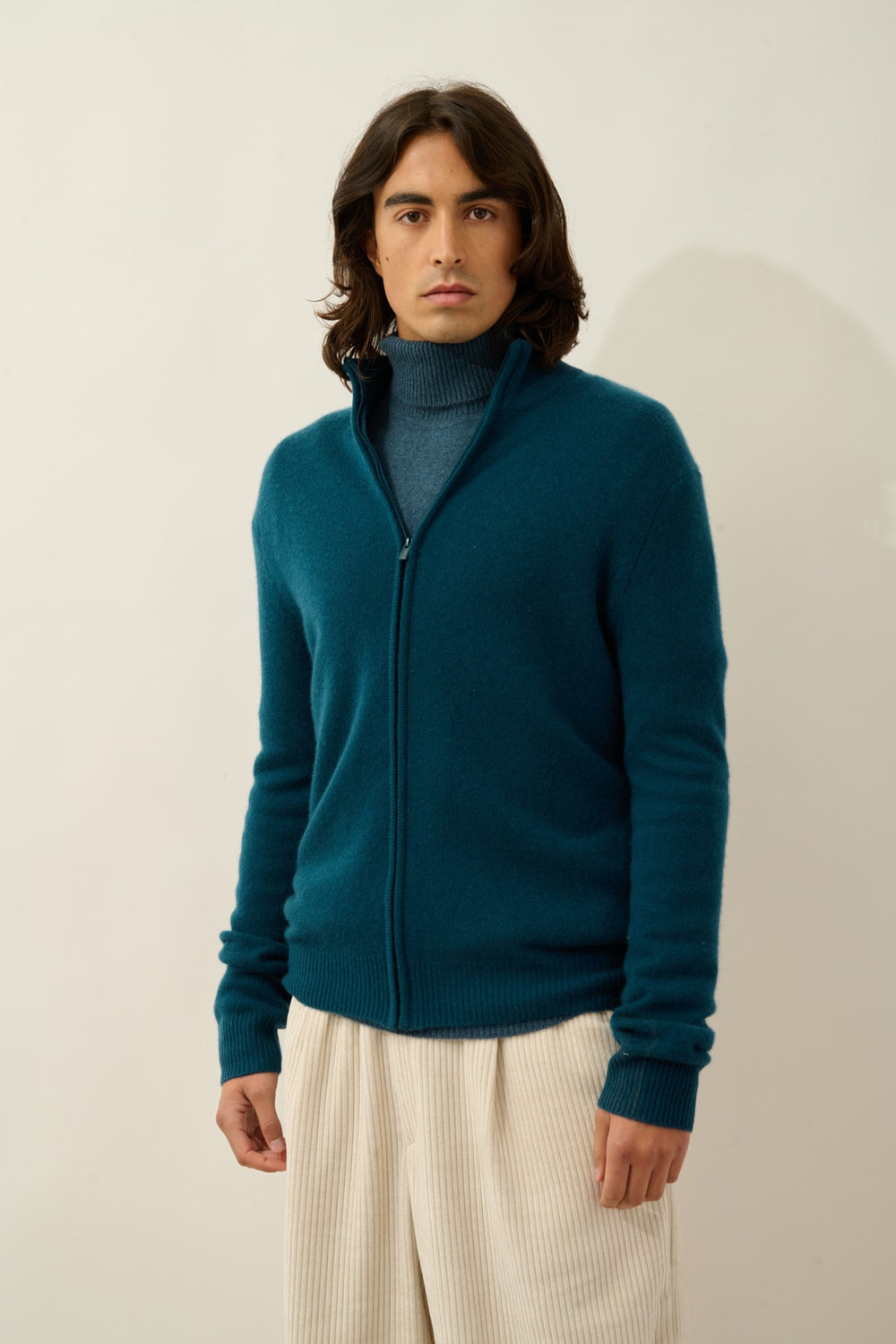 lyna gilet zippé col camionneur 4 fils vert canard 100% cachemire