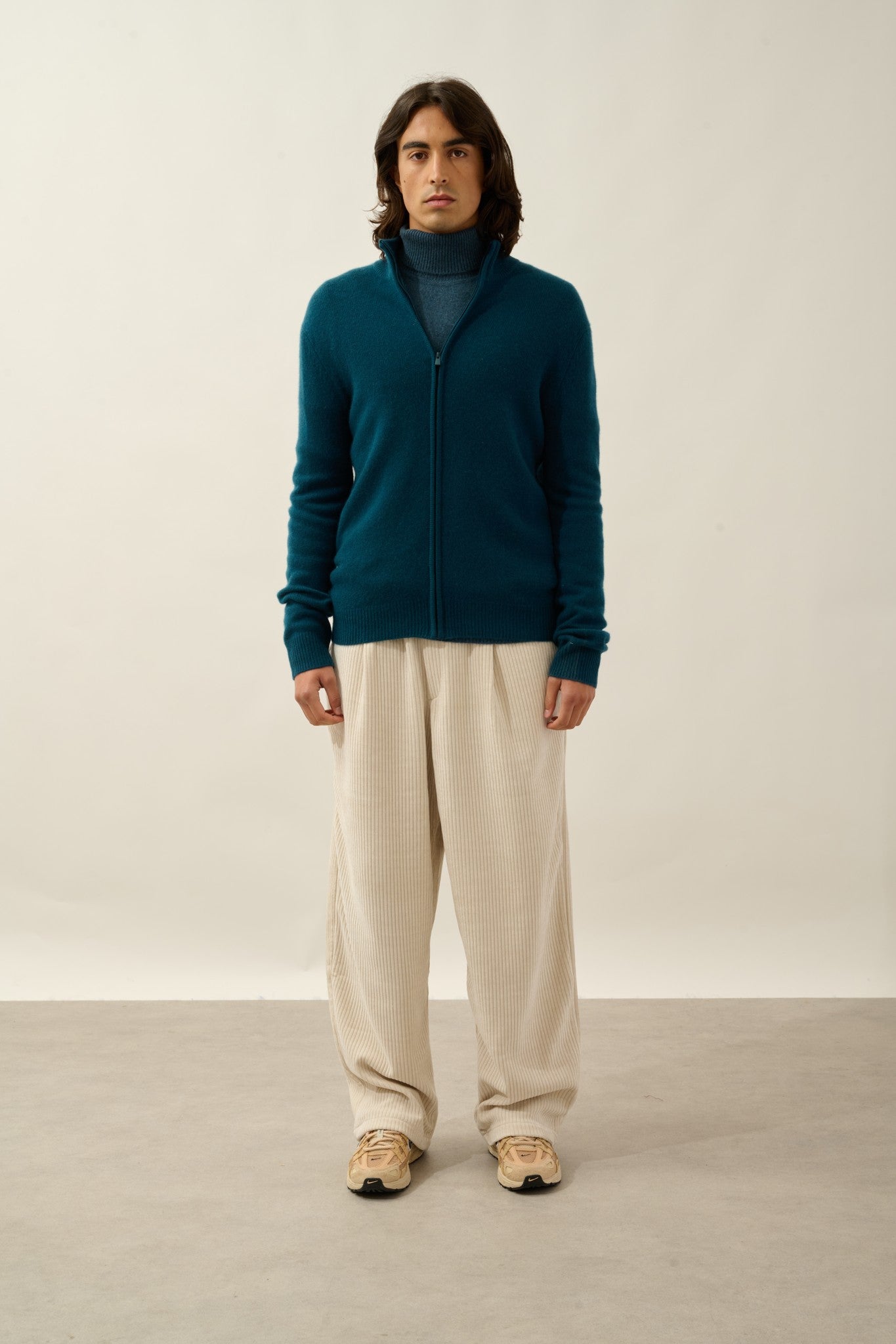 lyna gilet zippé col camionneur 4 fils vert canard 100% cachemire