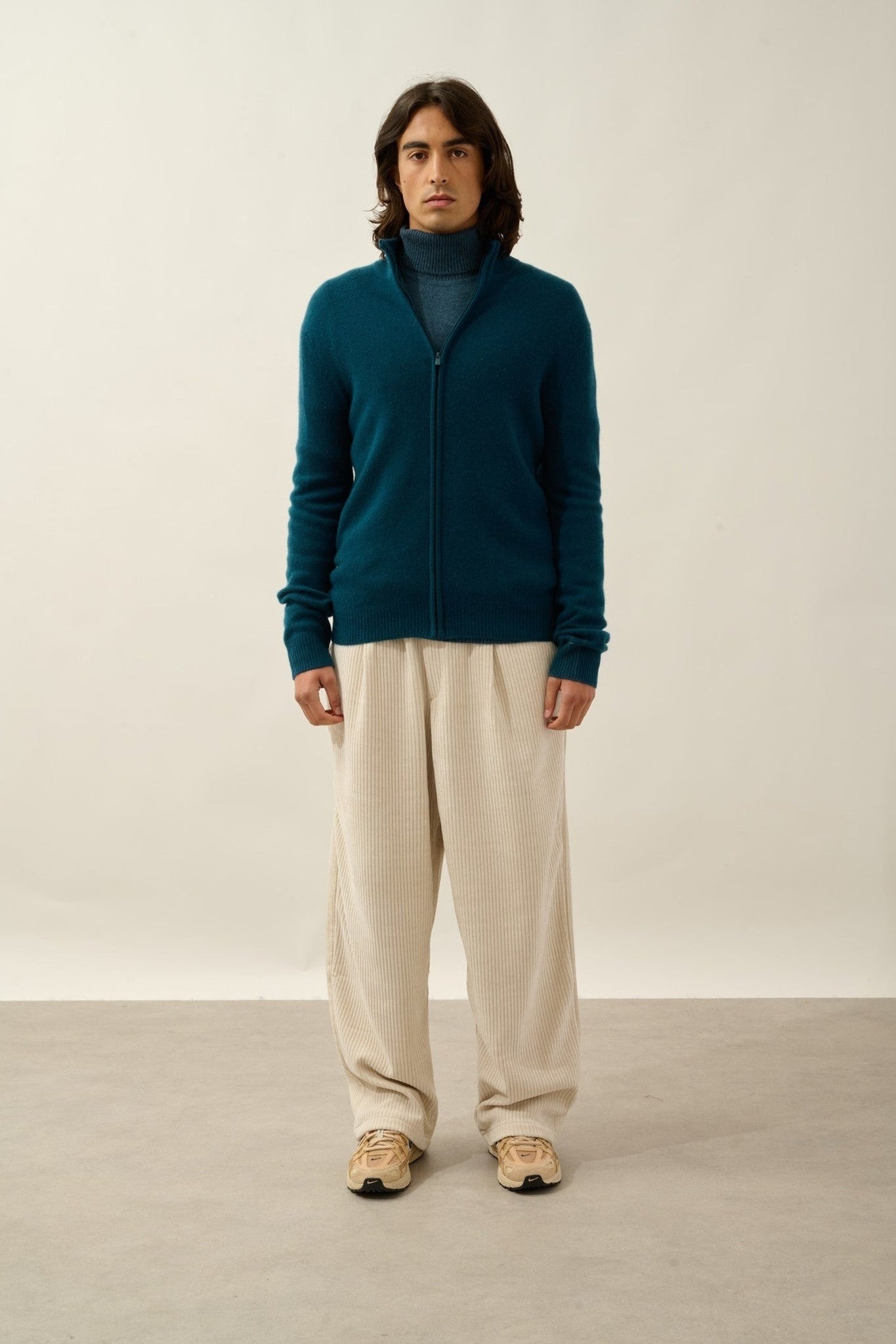 lyna gilet zippé col camionneur 4 fils vert canard 100% cachemire