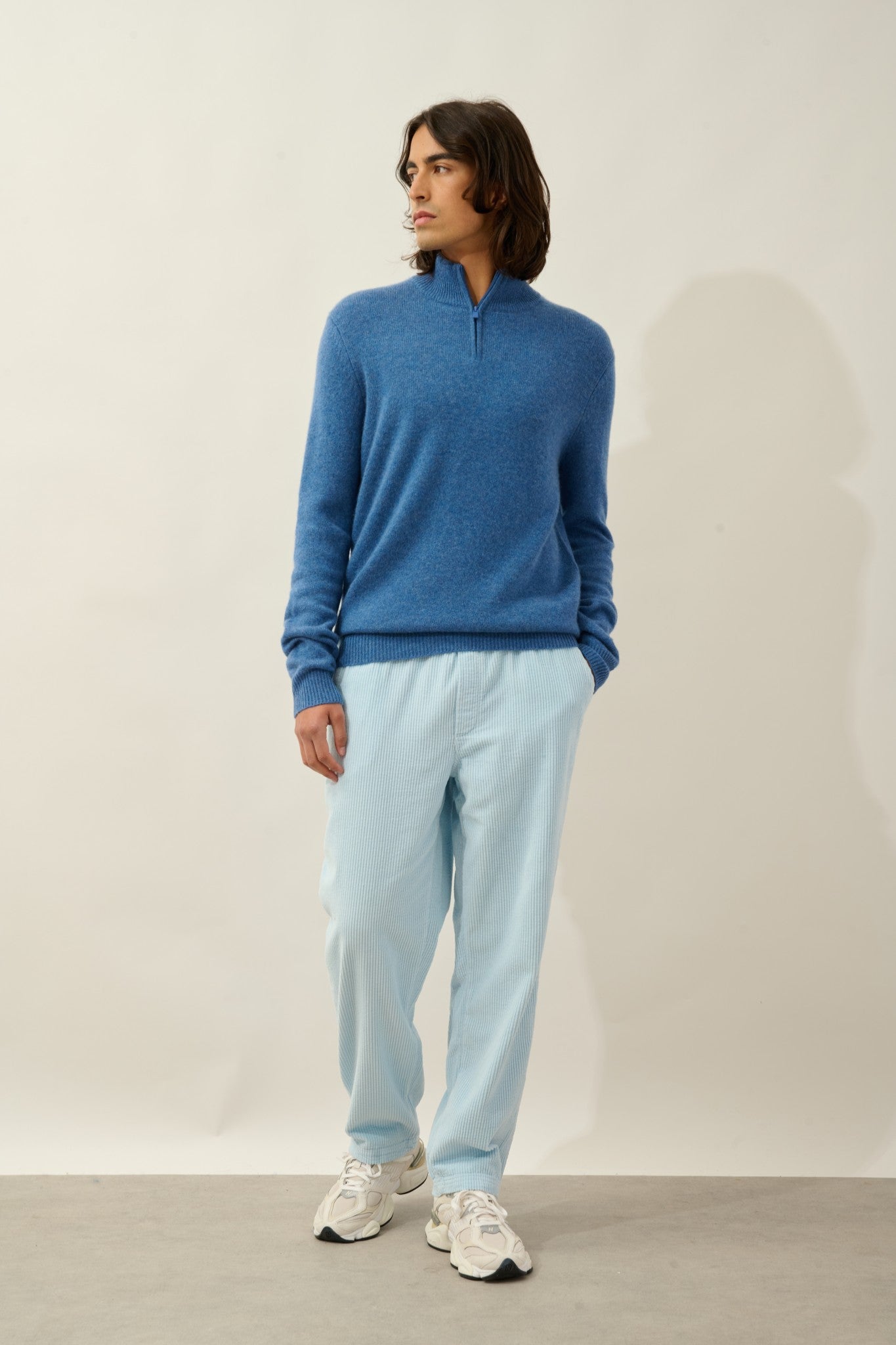 lyna pull camionneur 4 fils bleu denim 100% cachemire