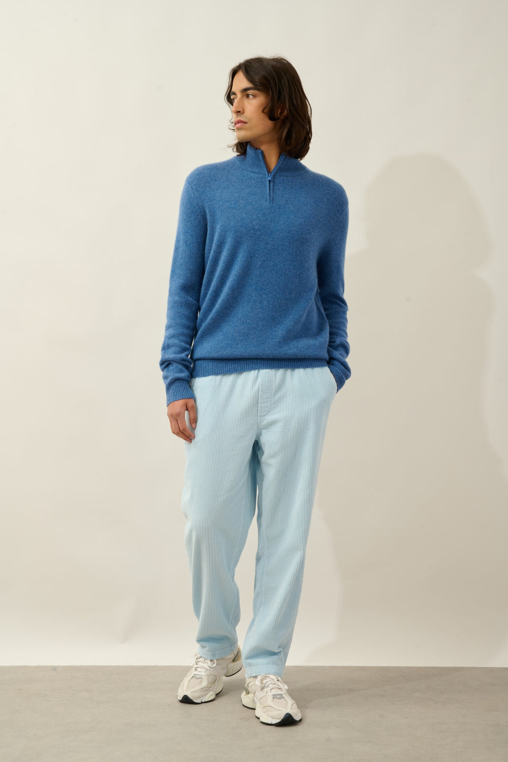 LYNA pull camionneur 4 fils bleu denim 100% cachemire