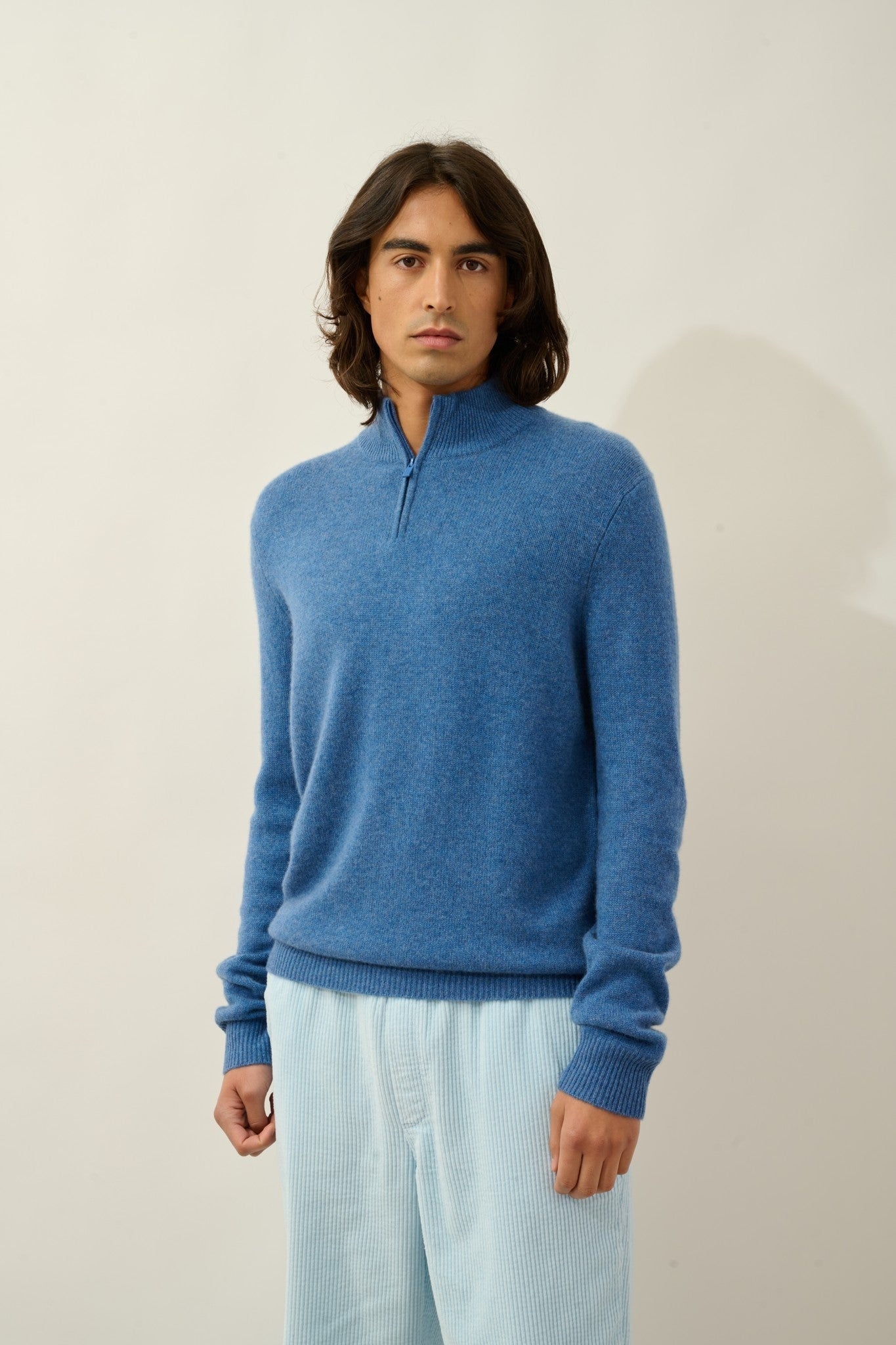 lyna pull camionneur 4 fils bleu denim 100% cachemire