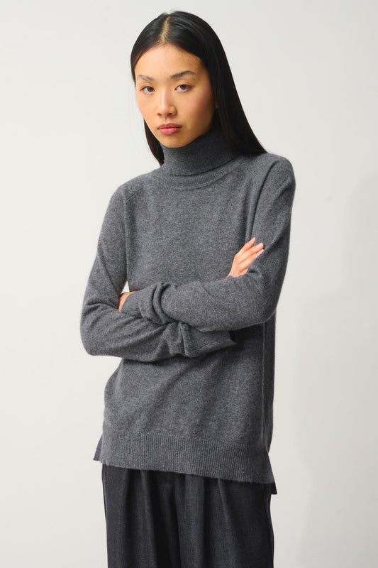 MADELINE pull col roulé anthracite chiné 100% cachemire