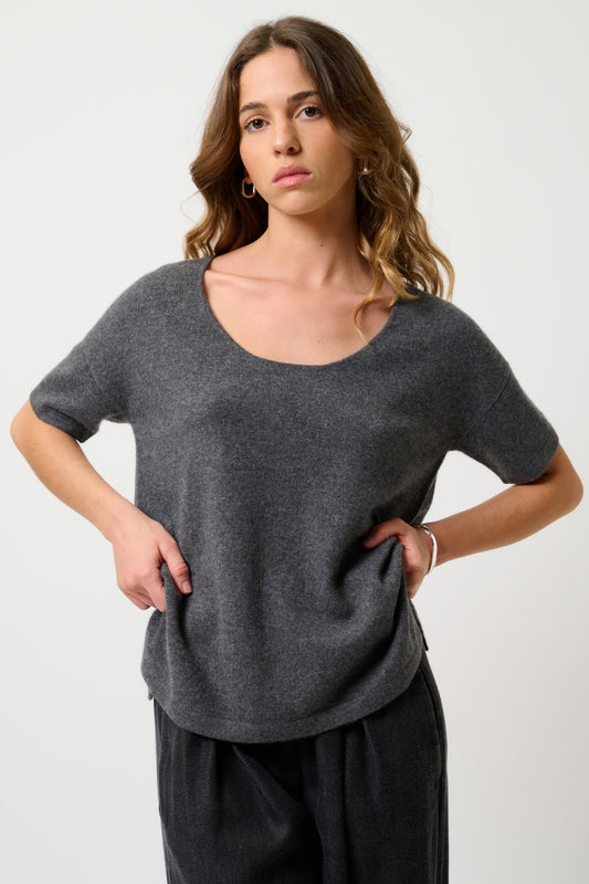 MAELYS thirt col rond anthracite chiné 100% cachemire