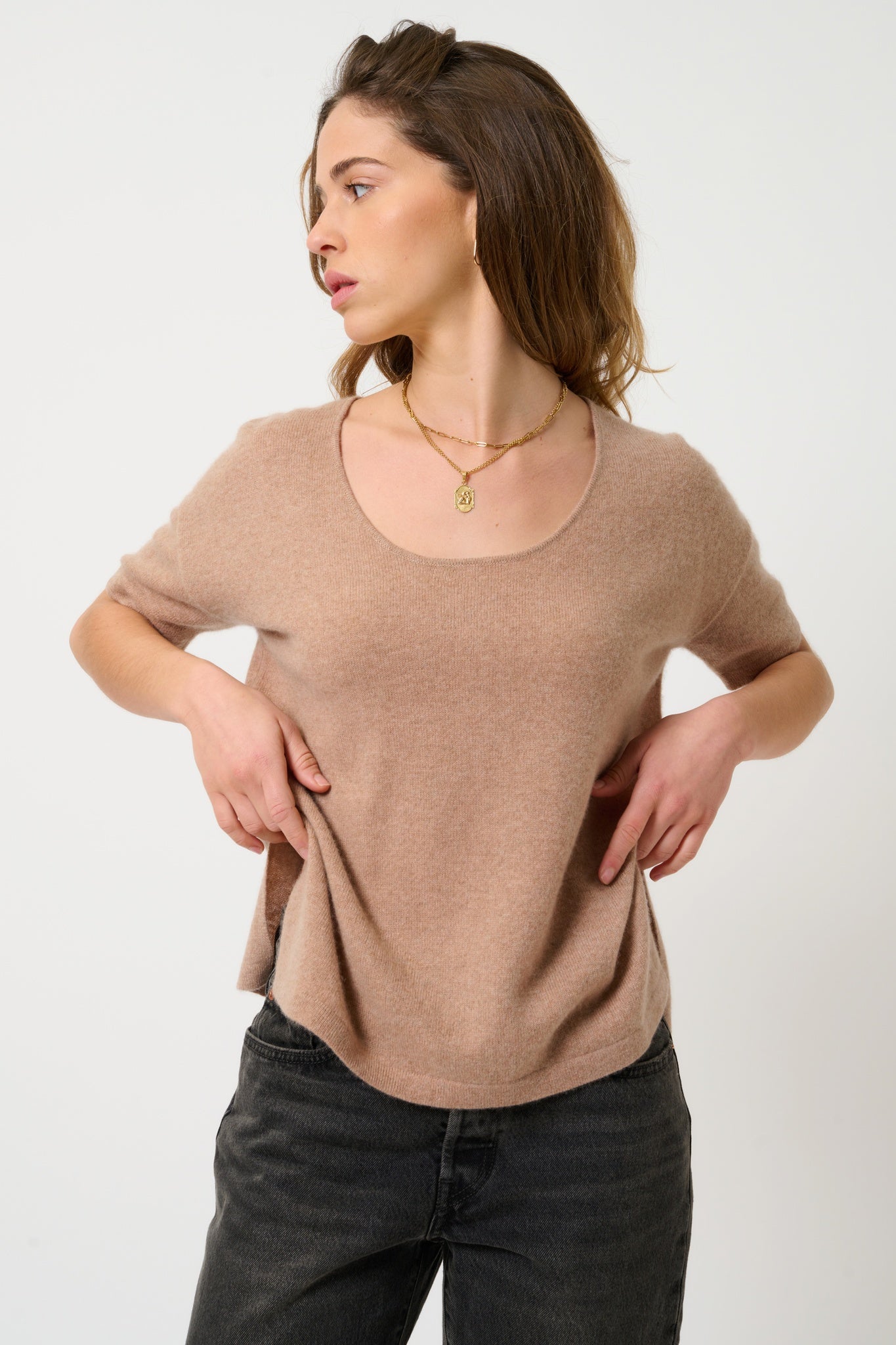 MAELYS Rundhals-T-Shirt camel meliert 100% Kaschmir