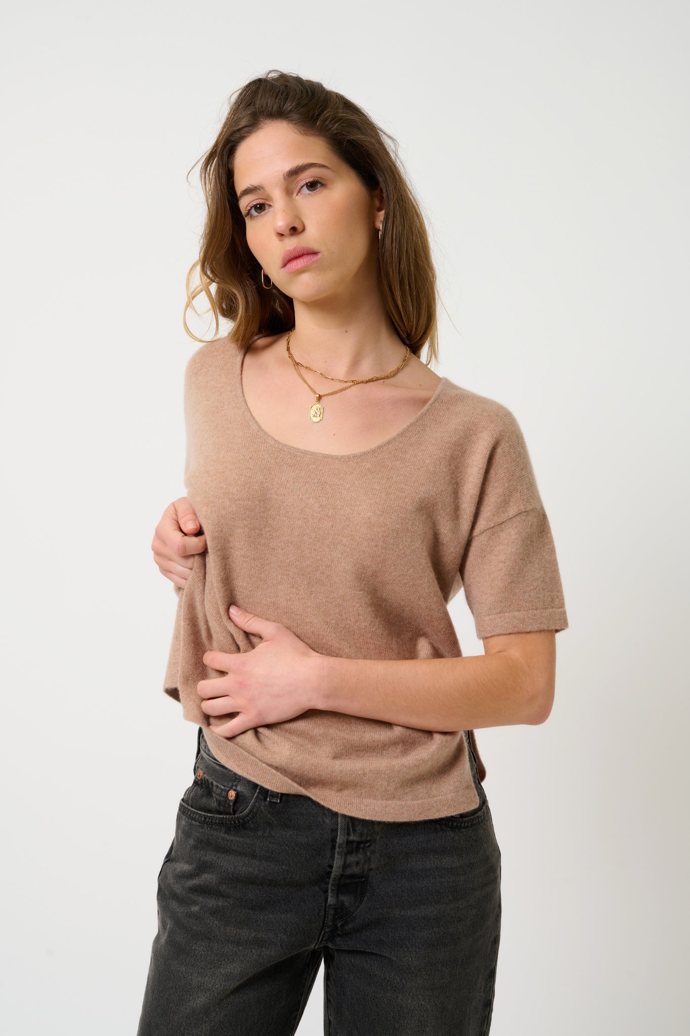 MAELYS Rundhals-T-Shirt camel meliert 100% Kaschmir