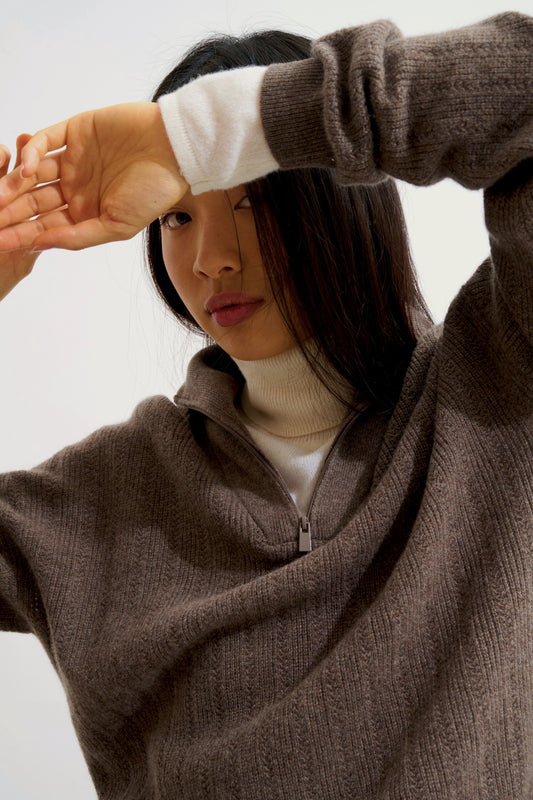 MARIE Trucker Pullover taupe meliert 100% Kaschmir