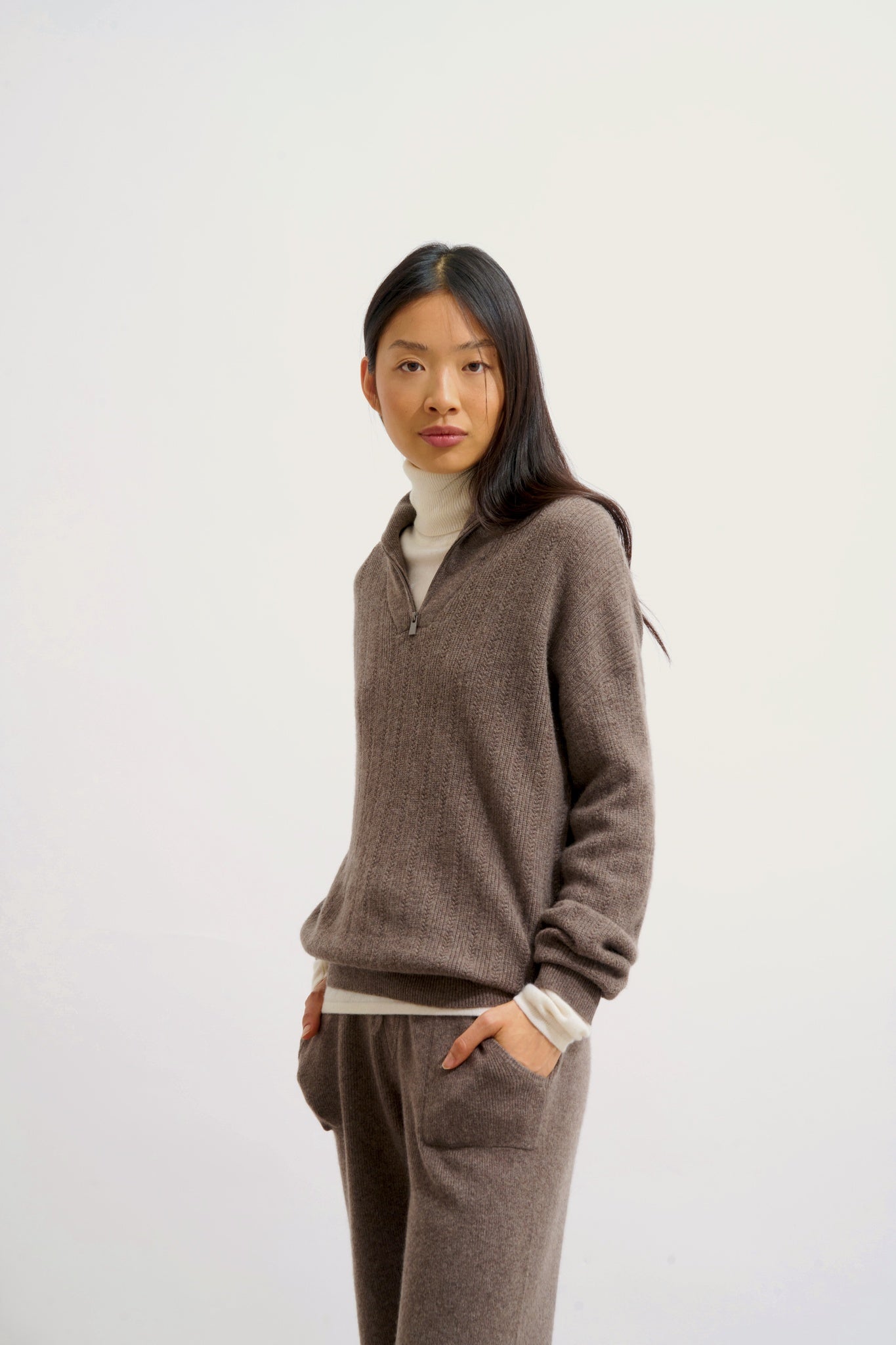 MARIE Trucker Pullover taupe meliert 100% Kaschmir