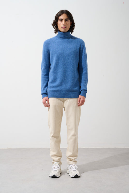 MARTIN pull col roulé 4 fils bleu denim 100% cachemire