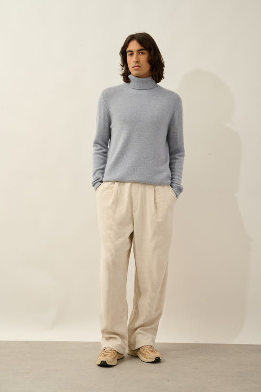martin pull col roulé 4 fils bleu ivoire 100% cachemire