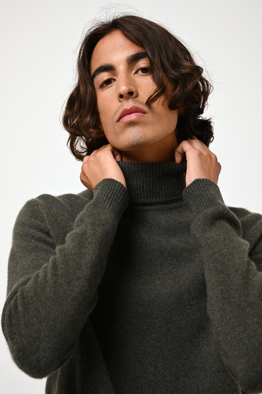 MARTIN 4-thread khaki mottled turtleneck sweater 100% cashmere