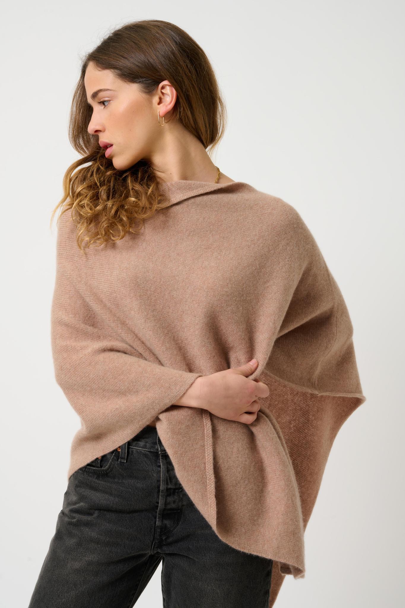 MERYL 4-thread camel mottled poncho 100% cashmere