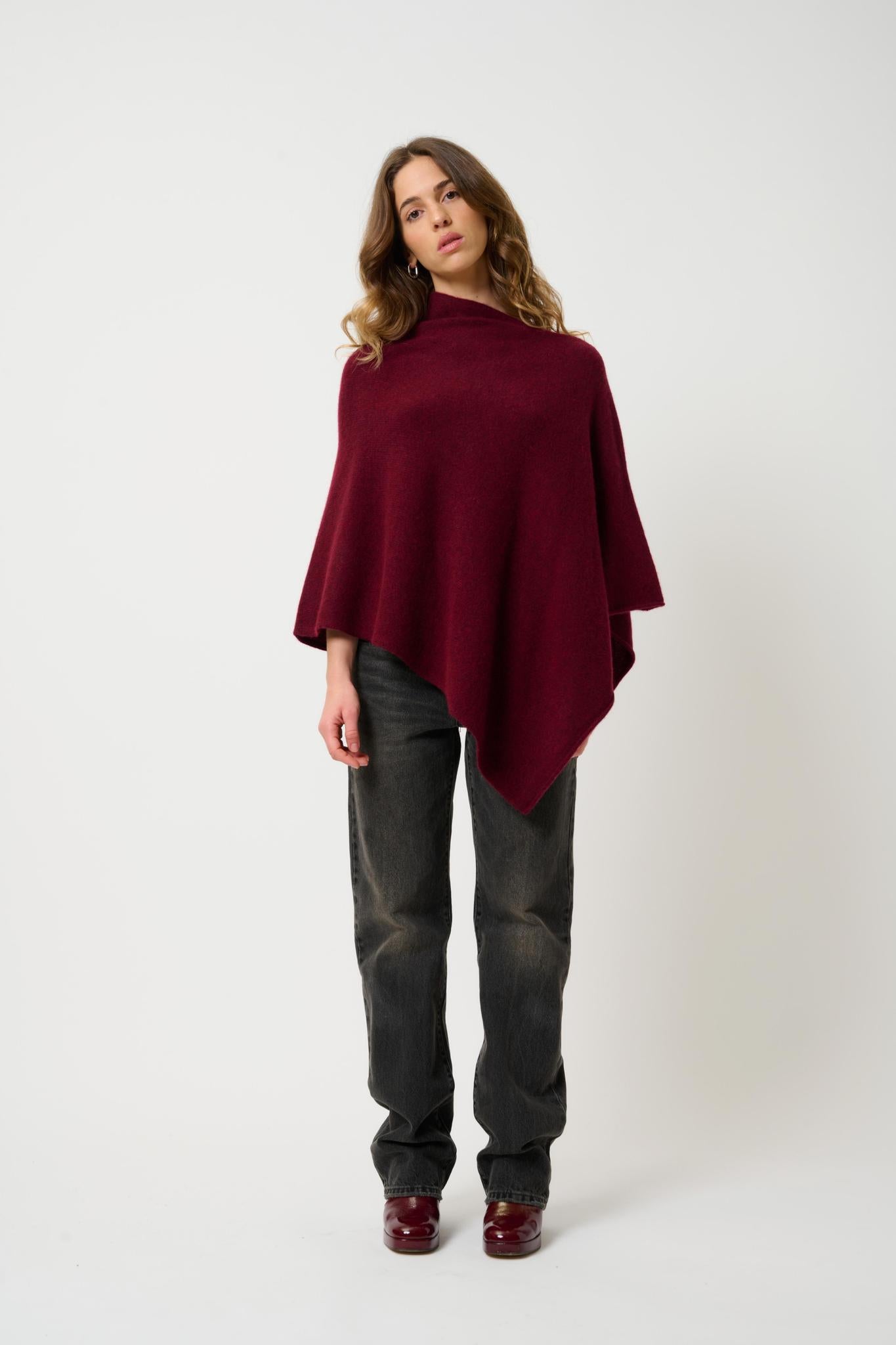 MERYL 4-thread cranberry mottled poncho 100% cashmere