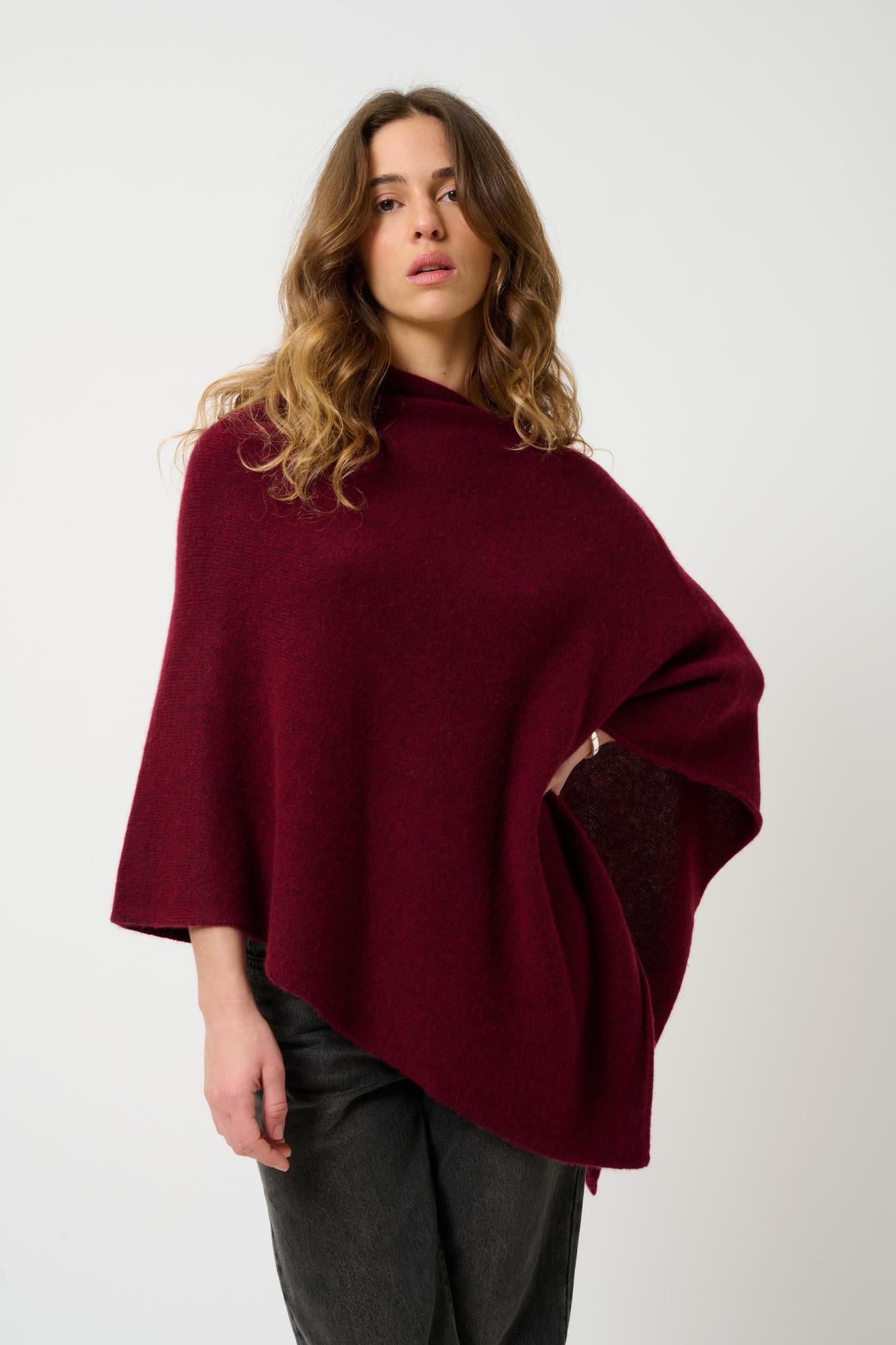 MERYL 4-thread cranberry mottled poncho 100% cashmere