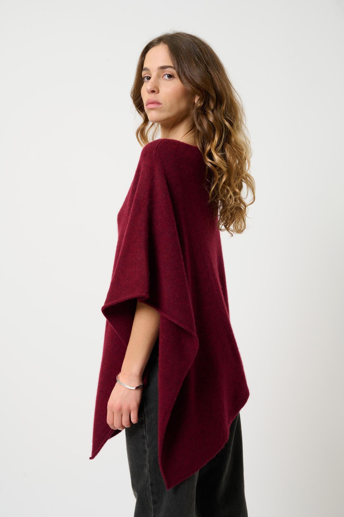MERYL 4-thread cranberry mottled poncho 100% cashmere