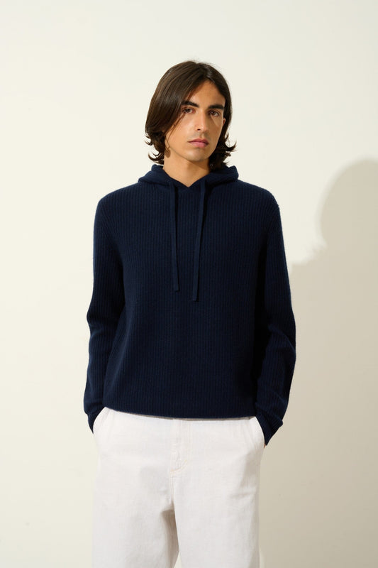 mida pull capuche 4 fils navy 100% cachemire
