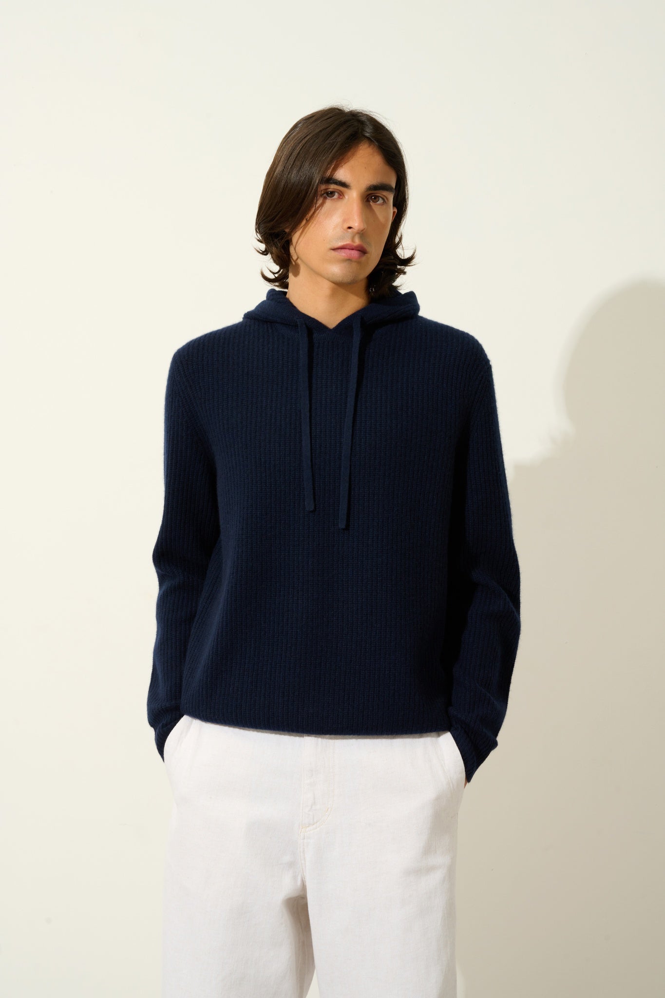 MIDA pull capuche 4 fils navy 100% cachemire