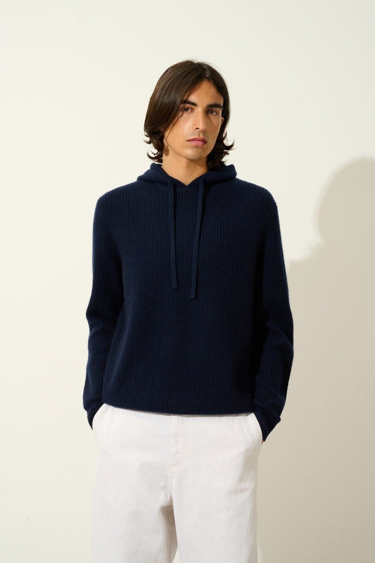 MIDA pull capuche 4 fils navy 100% cachemire