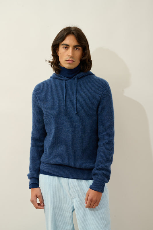 MIDA pull capuche 4 fils ocean chiné 100% cachemire