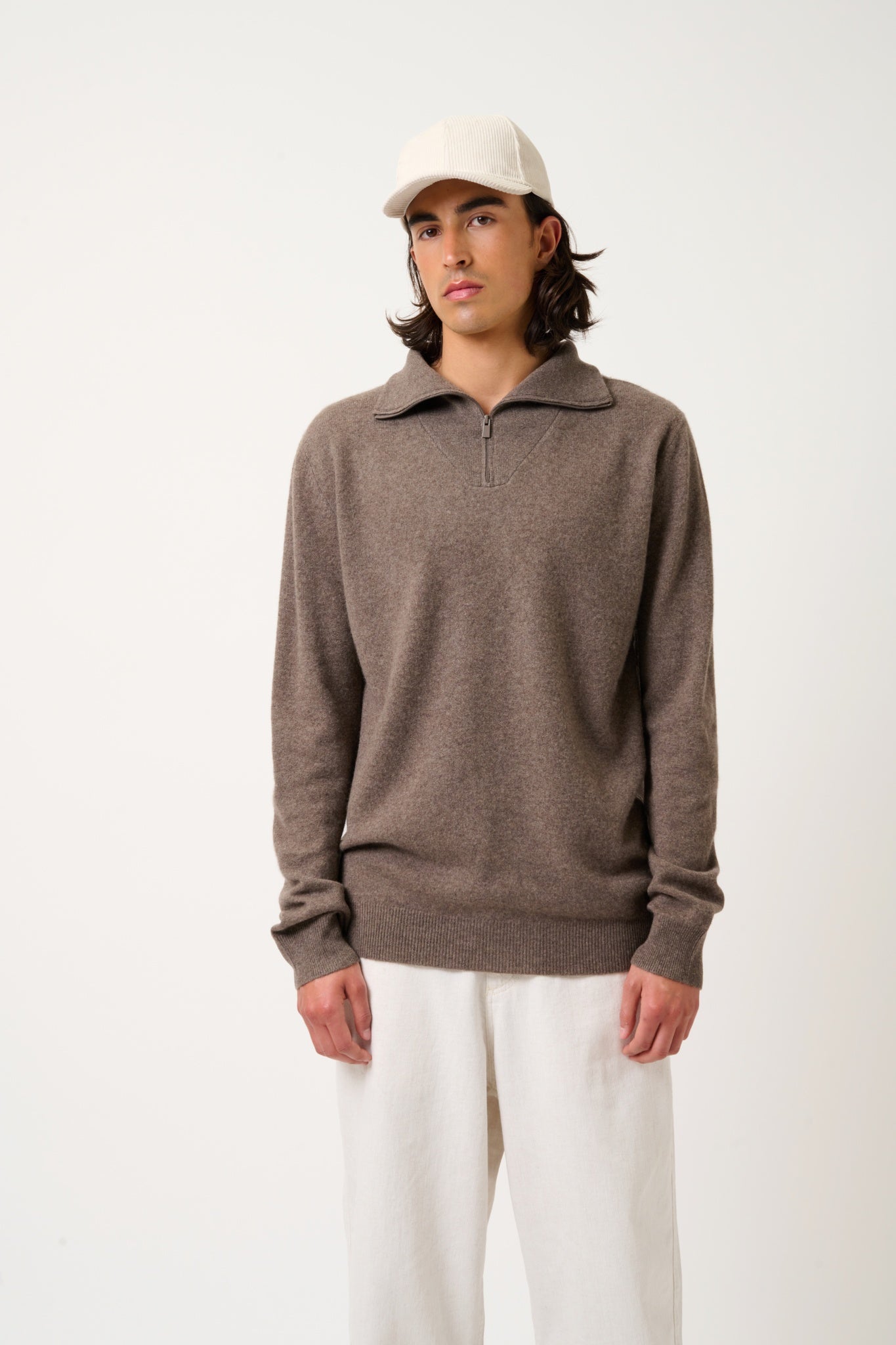 NOEMIE taupe mottled trucker sweater 100% cashmere