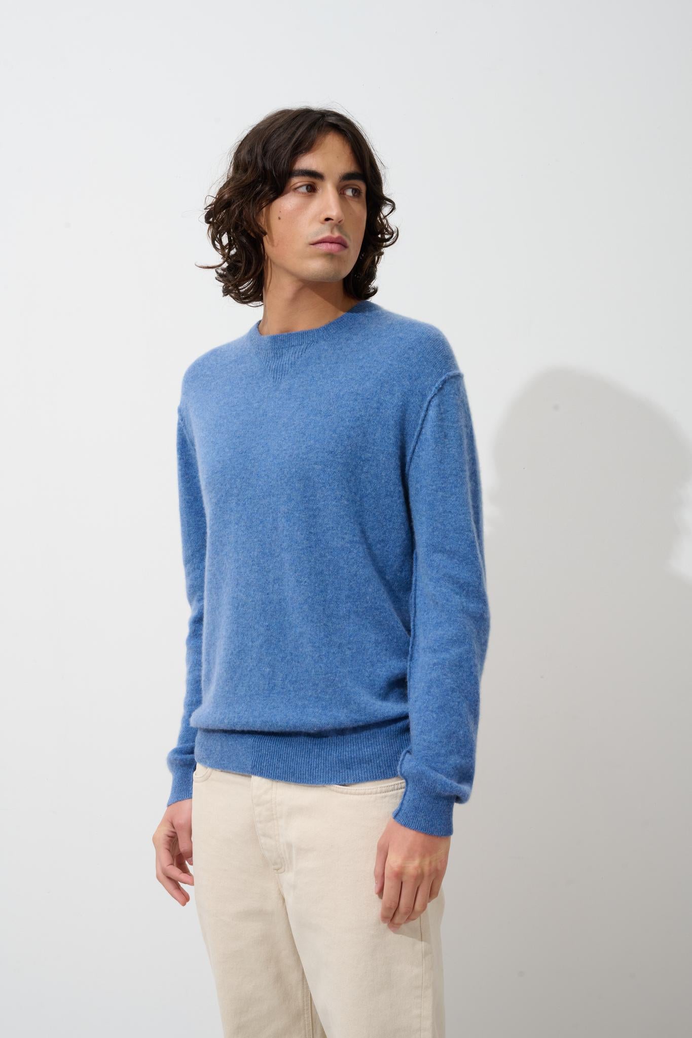 NOLAN denim blue round-neck sweater 100% cashmere