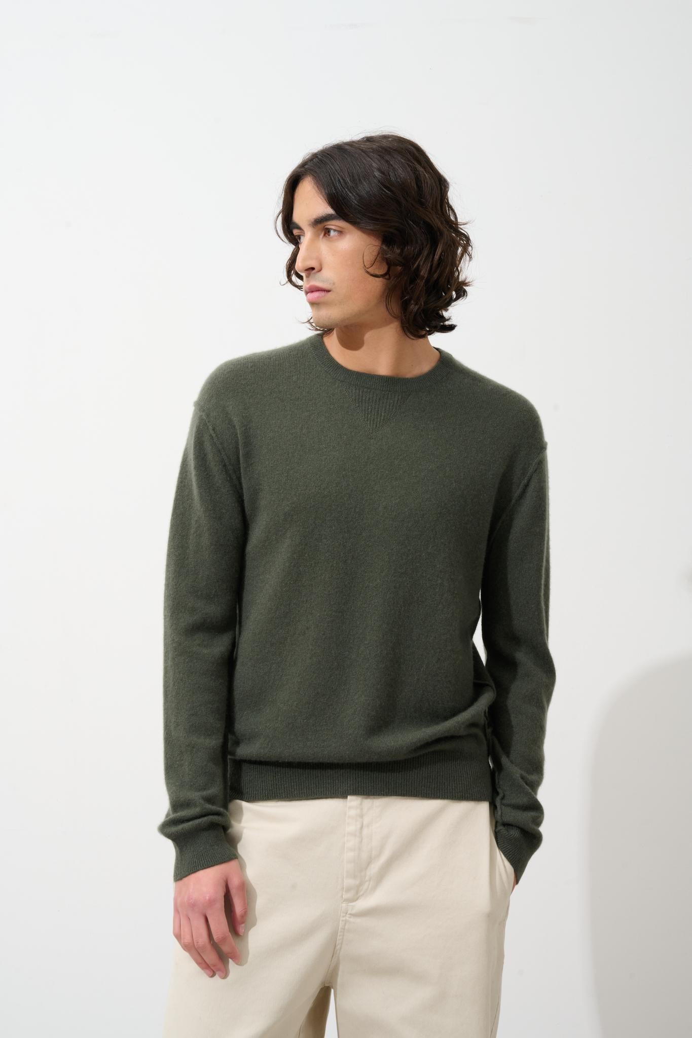 NOLAN pull col rond kaki 100% cachemire