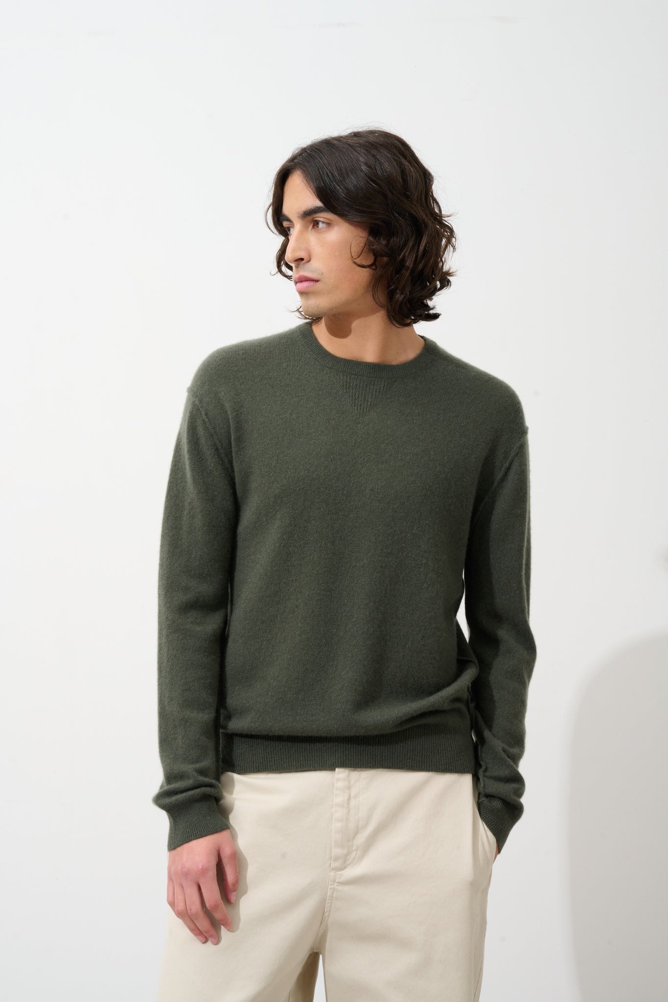 NOLAN pull col rond kaki 100% cachemire