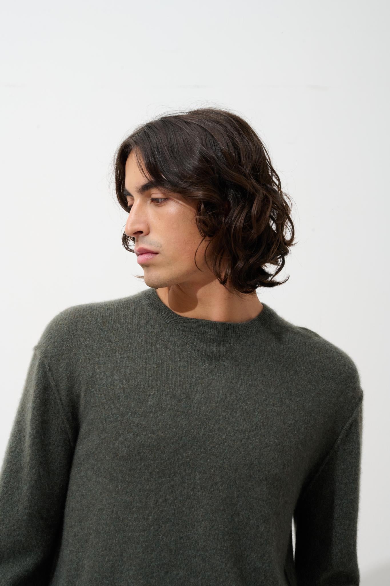 NOLAN pull col rond kaki chiné 100% cachemire