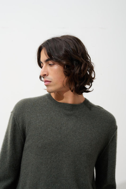 NOLAN Pullover mit Rundhalsausschnitt khaki meliert 100% Kaschmir