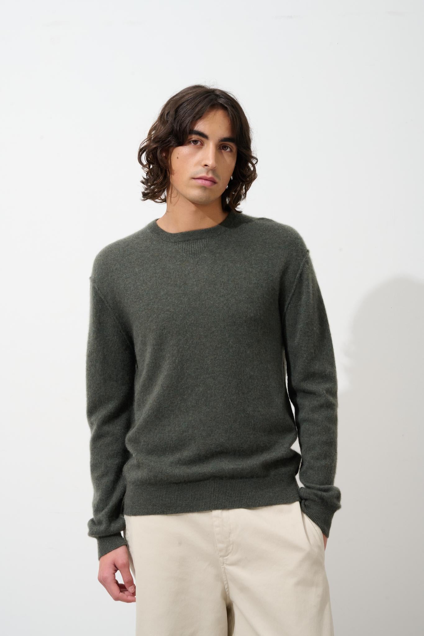 NOLAN pull col rond kaki chiné 100% cachemire