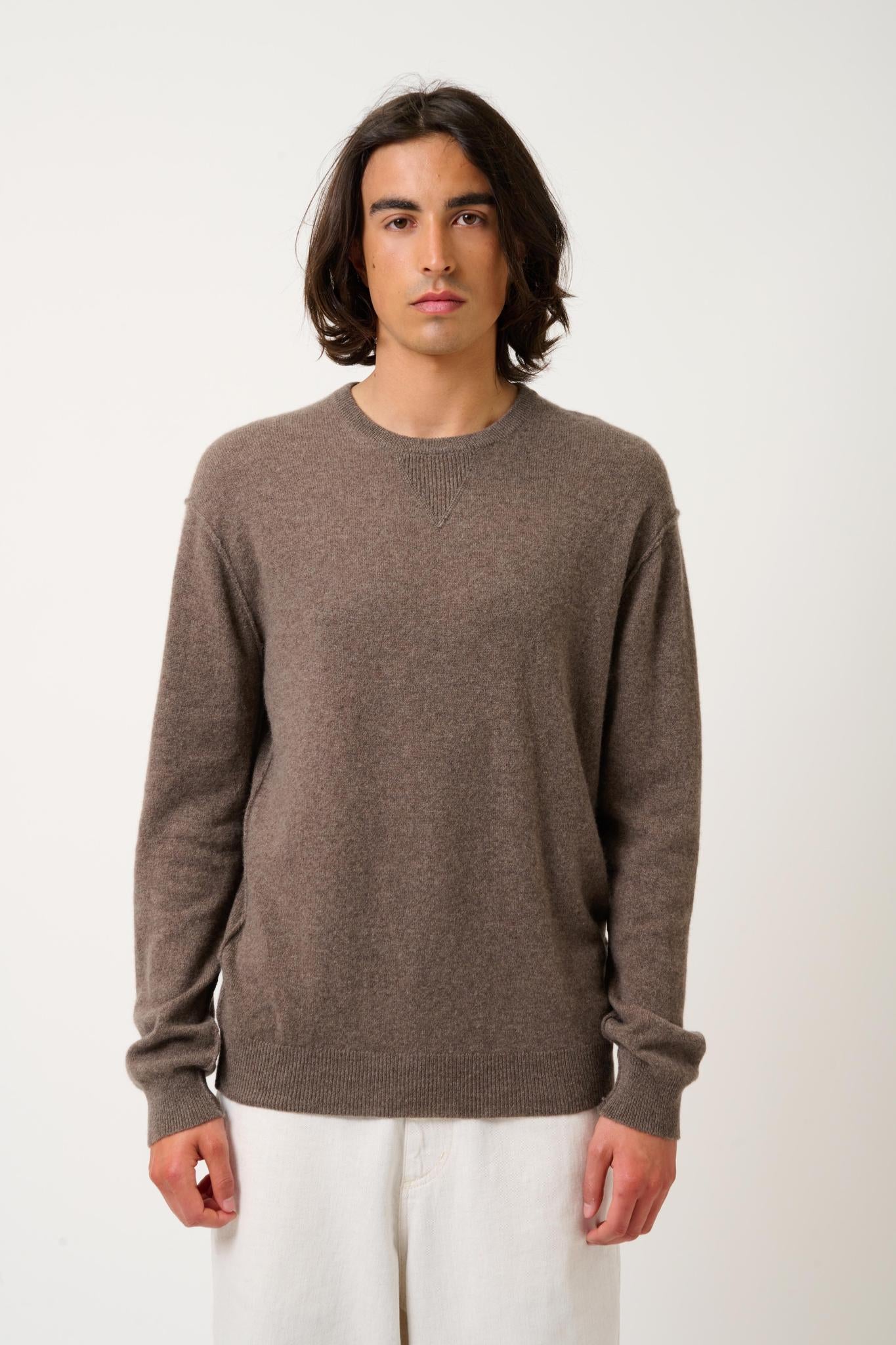 NOLAN pull col rond taupe chiné 100% cachemire