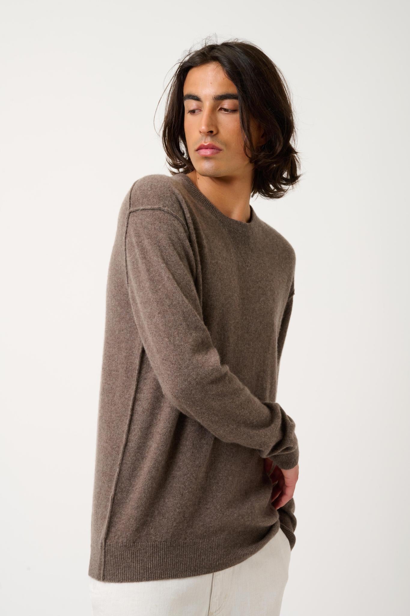 NOLAN pull col rond taupe chiné 100% cachemire