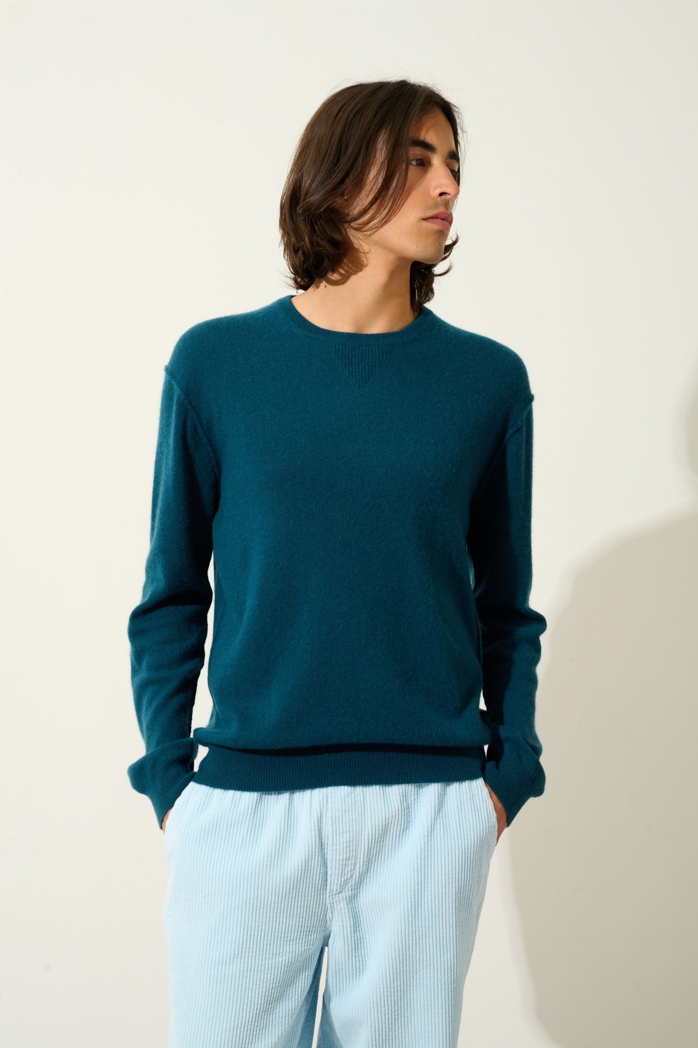 NOLAN pull col rond vert canard 100% cachemire