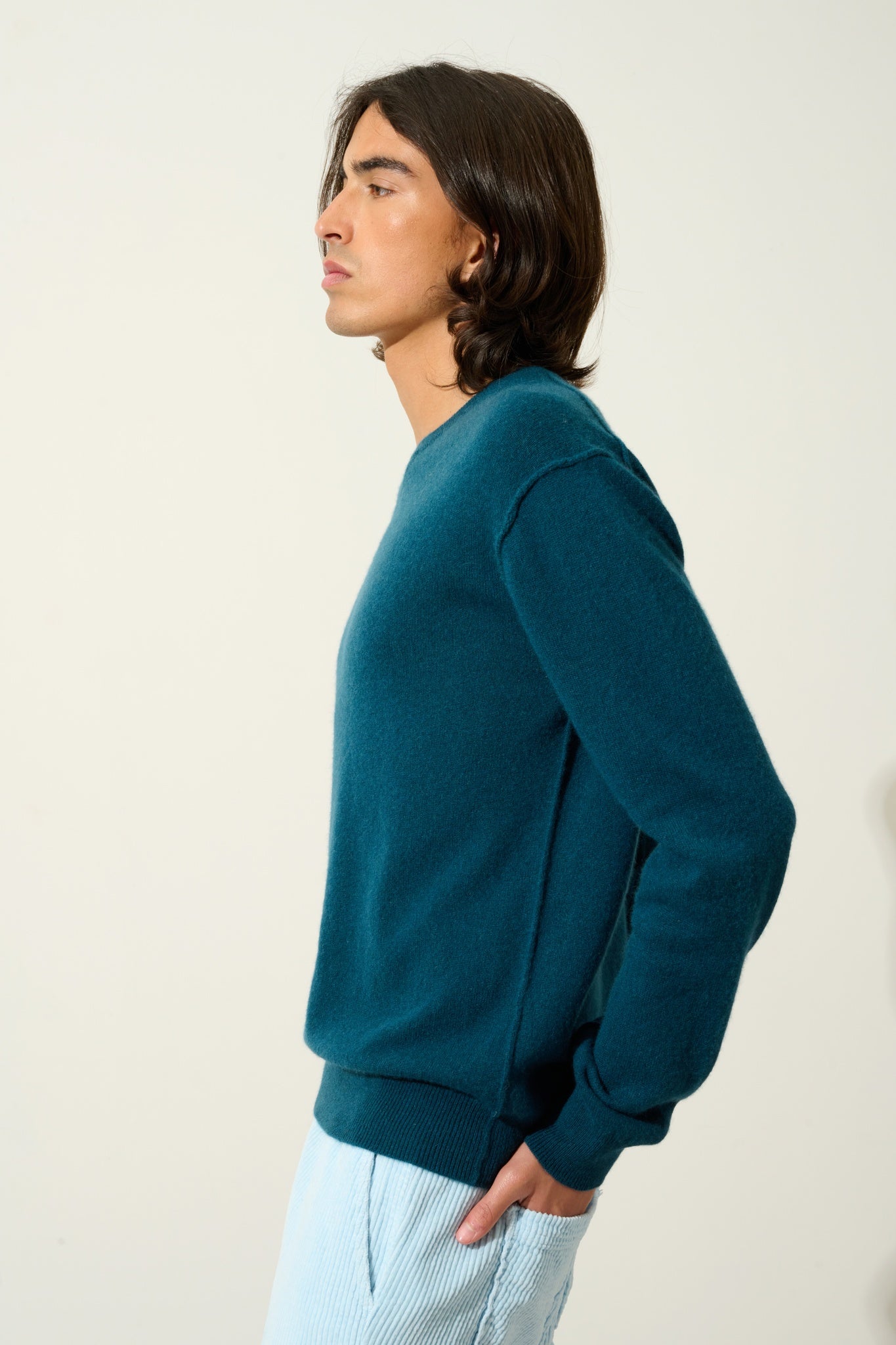 NOLAN pull col rond vert canard 100% cachemire