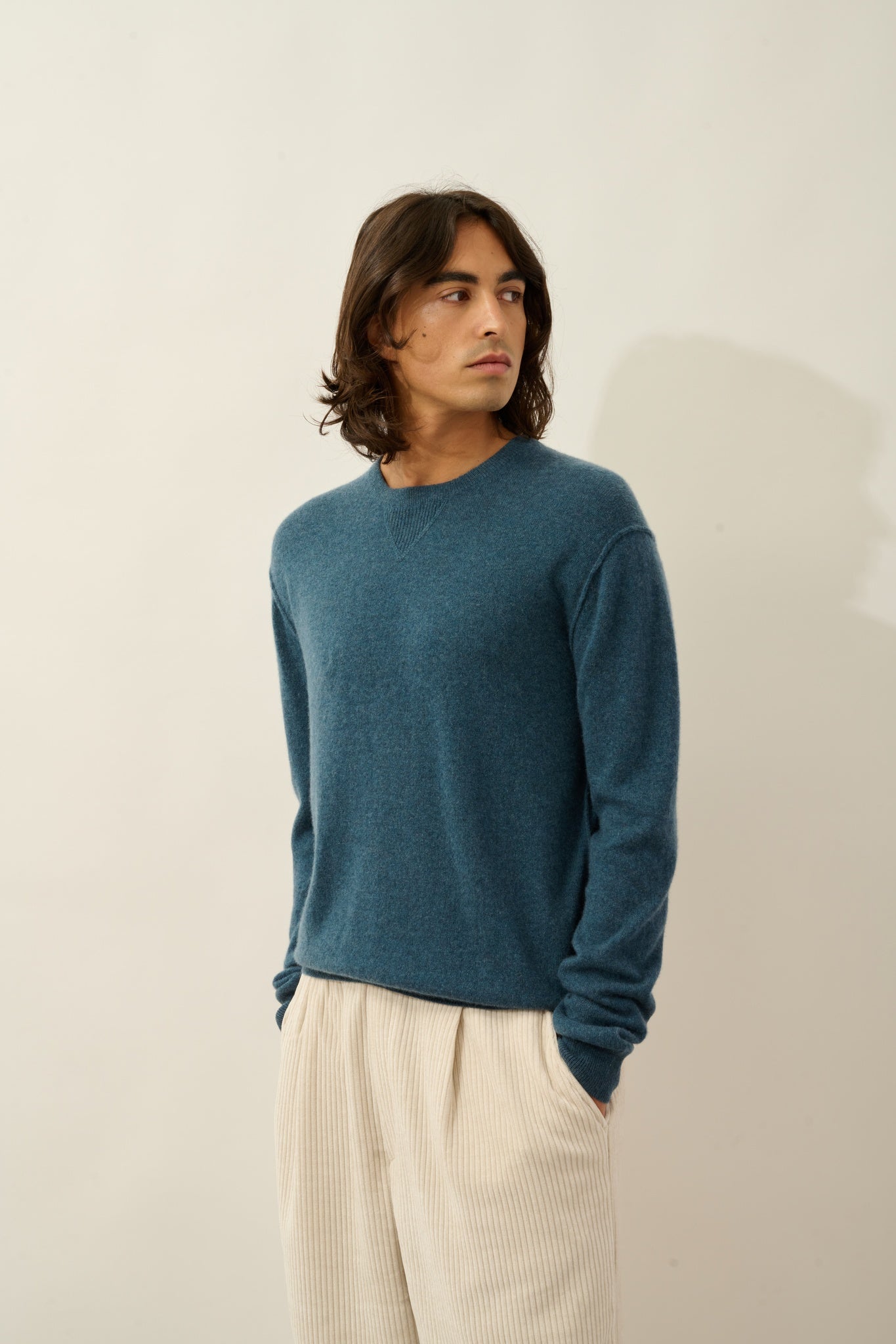 NOLAN pull col rond vert canard chiné 100% cachemire