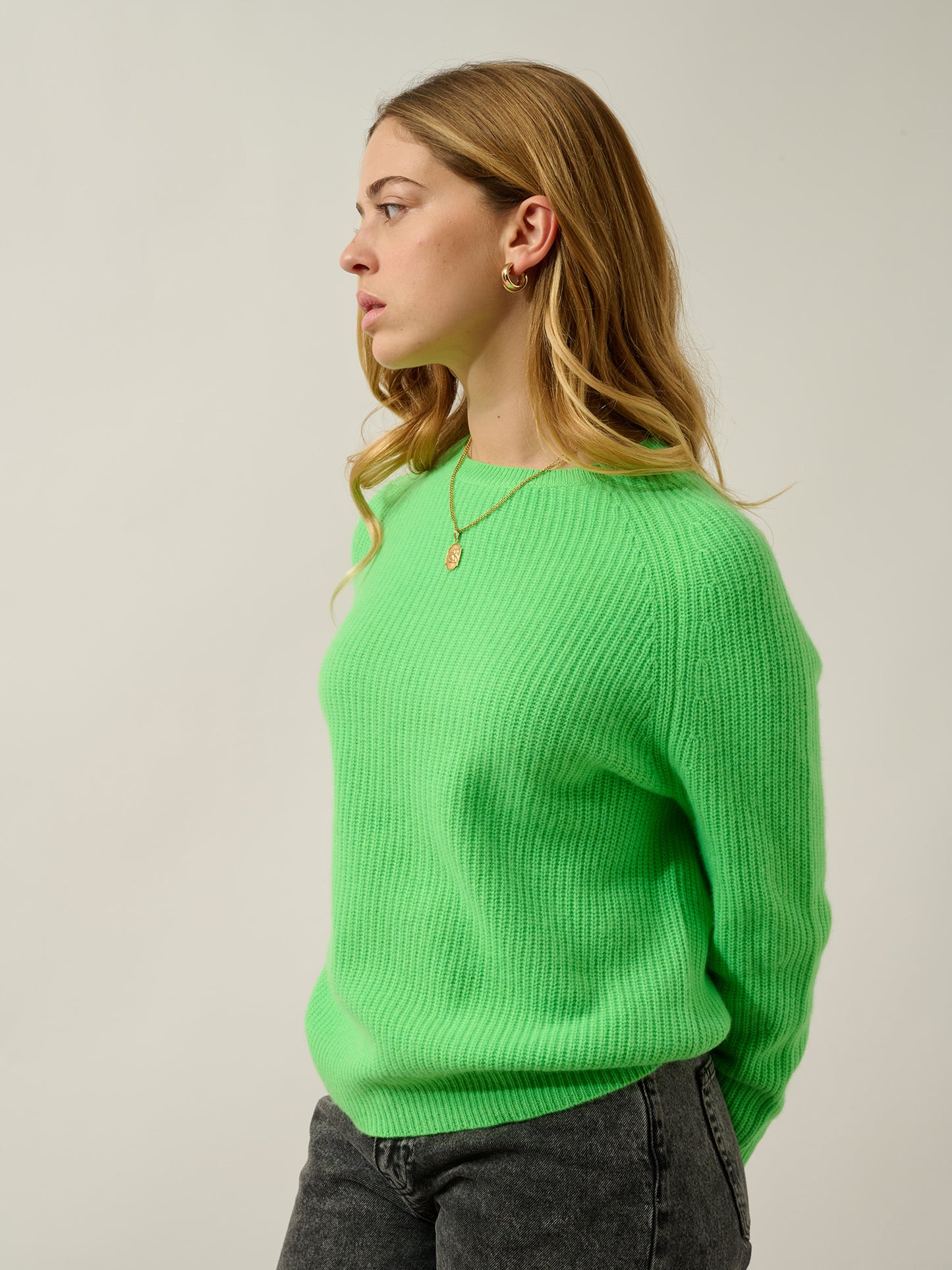 NORYA pull col rond 4 fils vert fluo 100% cachemire