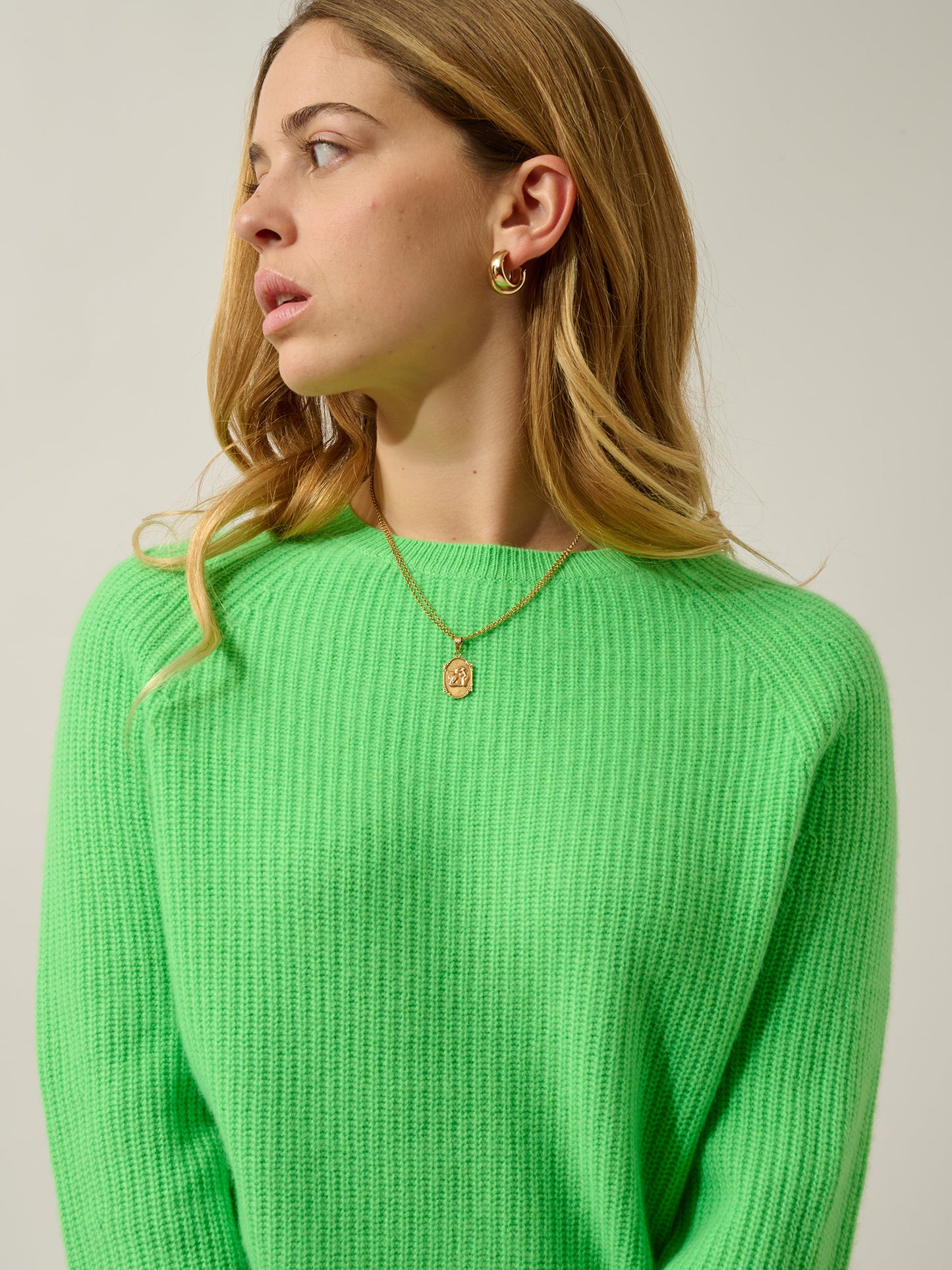 NORYA pull col rond 4 fils vert fluo 100% cachemire