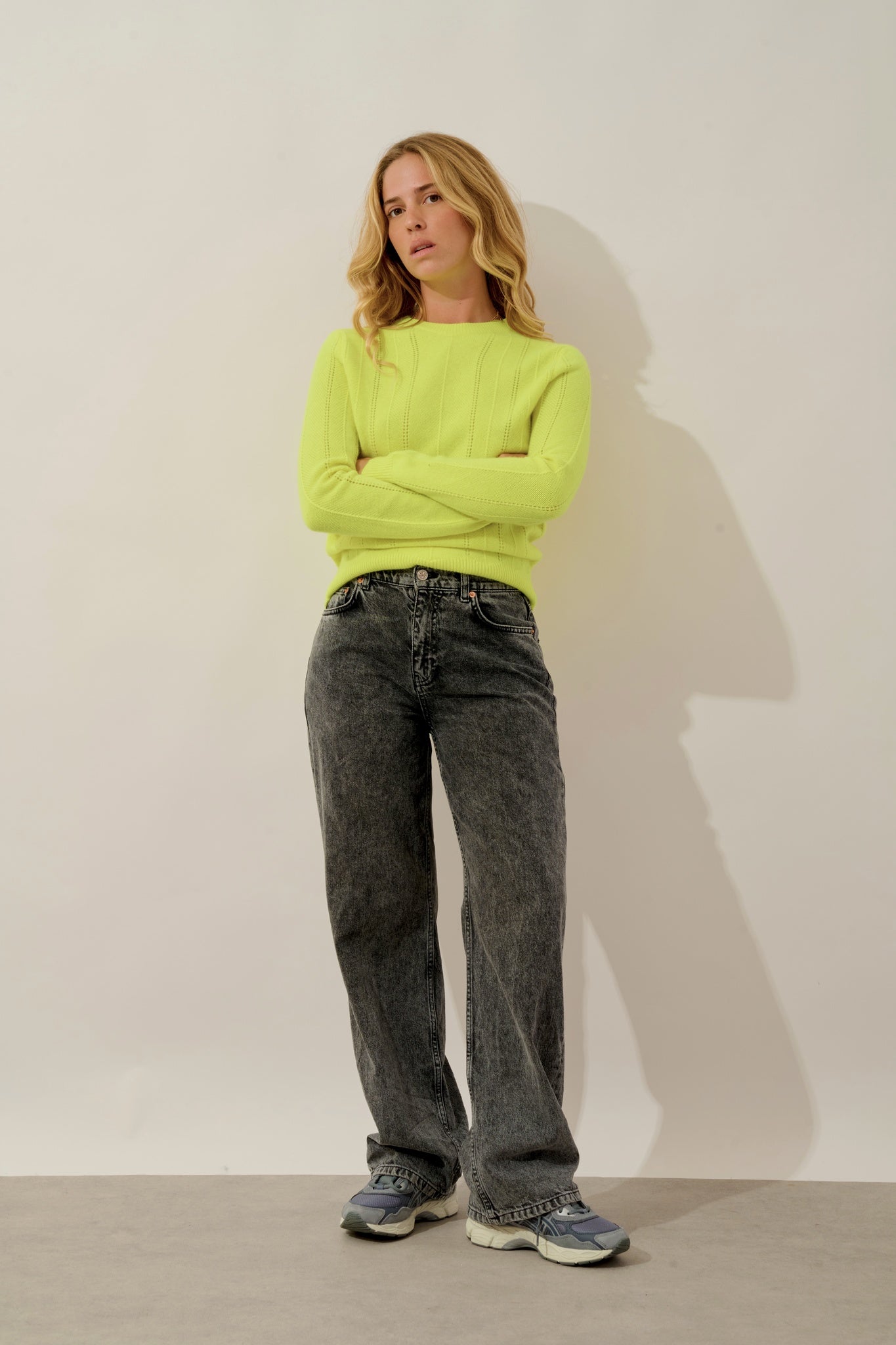 ORYNEL pull col rond 4 fils jaune fluo 100% cachemire