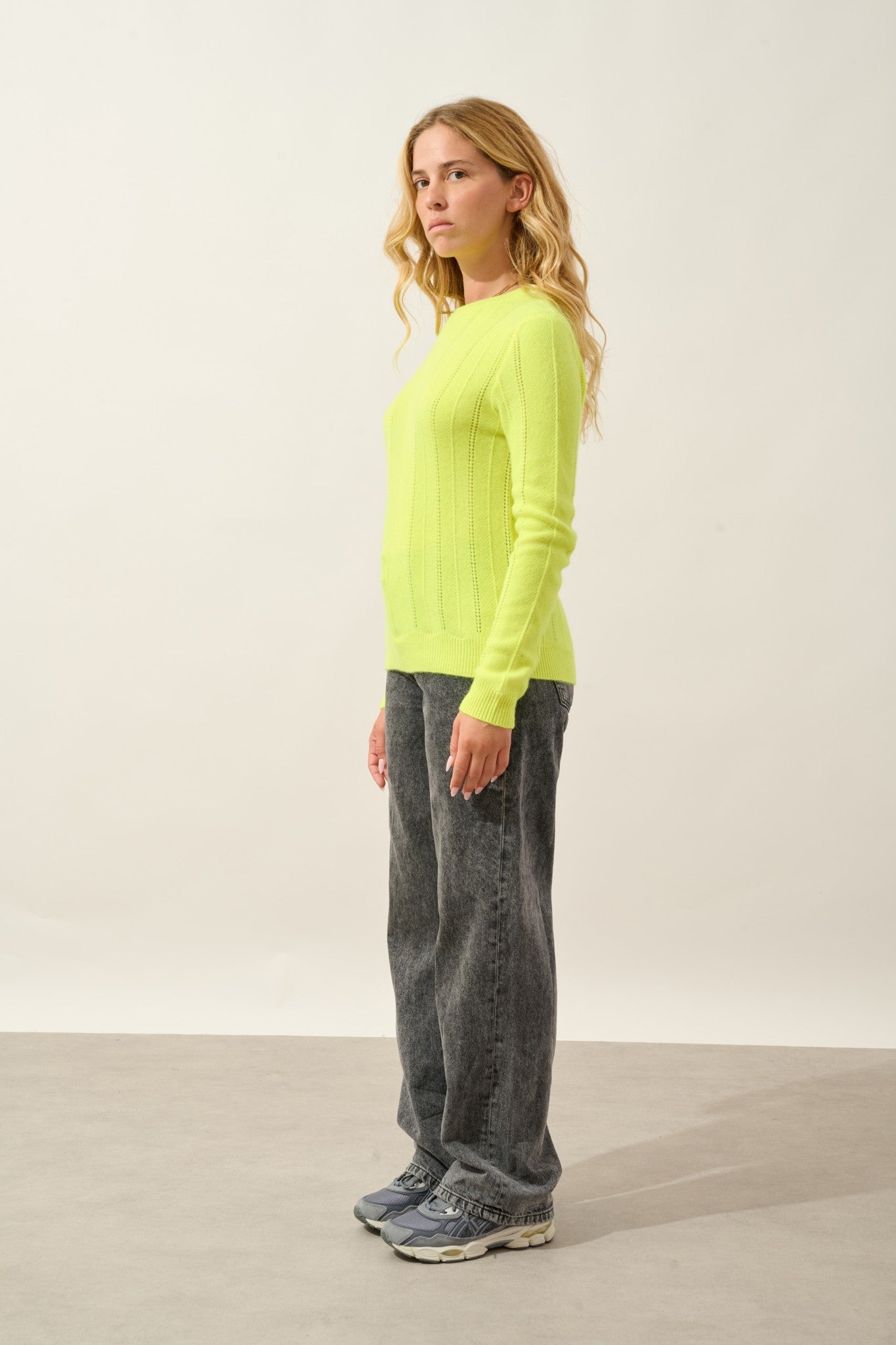 orynel pull col rond 4 fils jaune fluo 100% cachemire