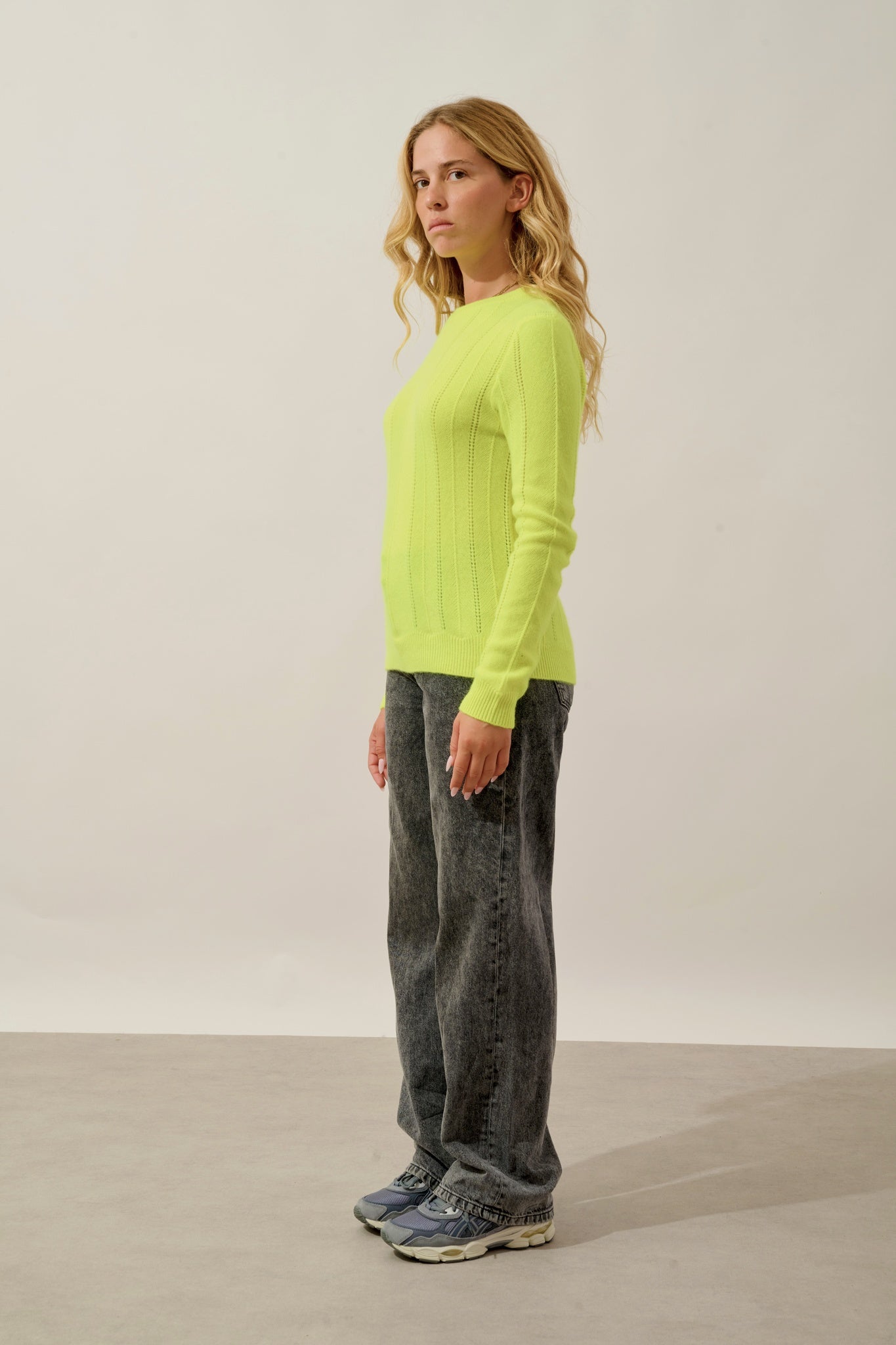 ORYNEL pull col rond 4 fils jaune fluo 100% cachemire