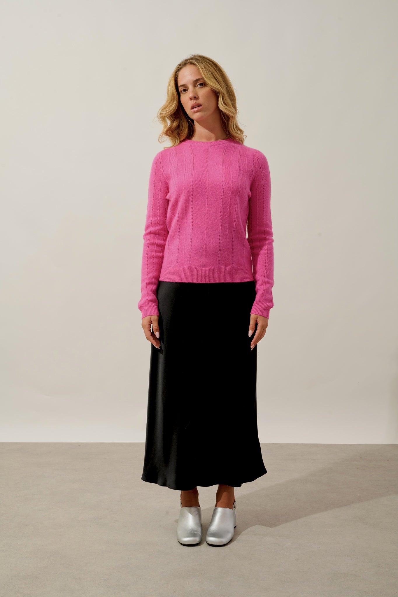 ORYNEL pull col rond 4 fils rose 100% cachemire