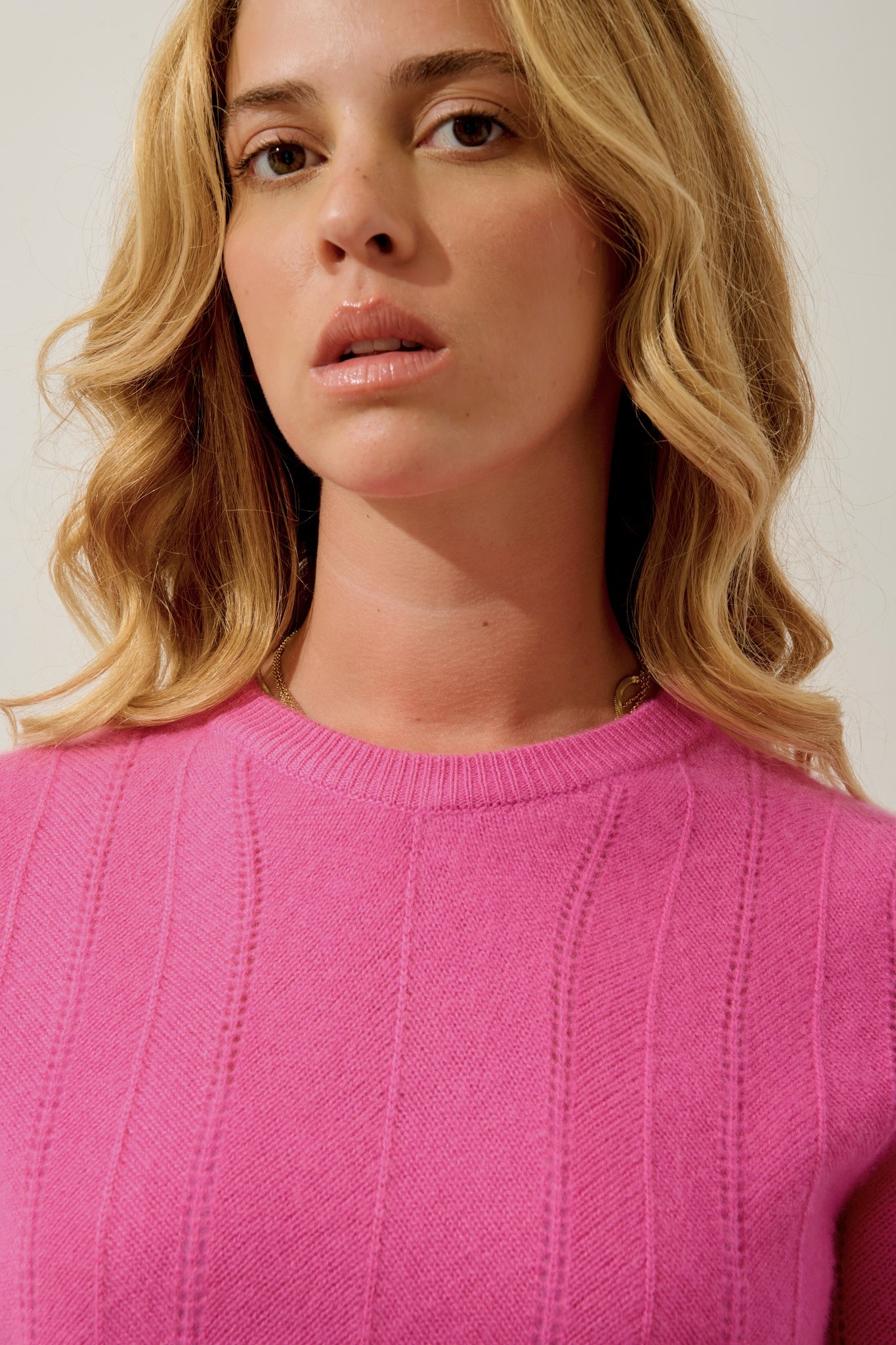 ORYNEL pull col rond 4 fils rose 100% cachemire