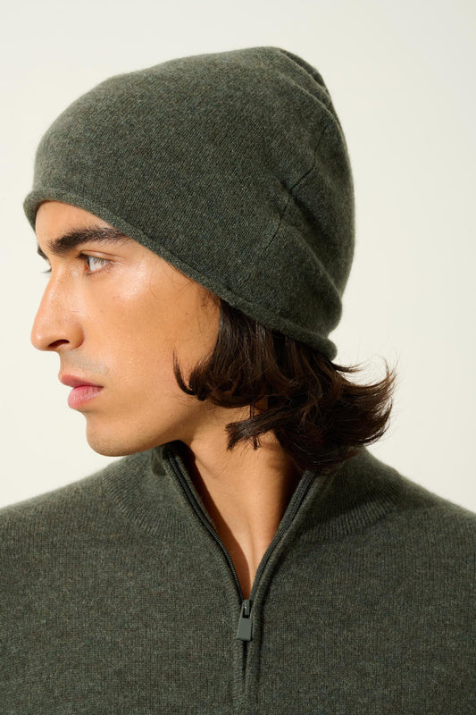 PINIER khaki mottled beanie 100% cashmere