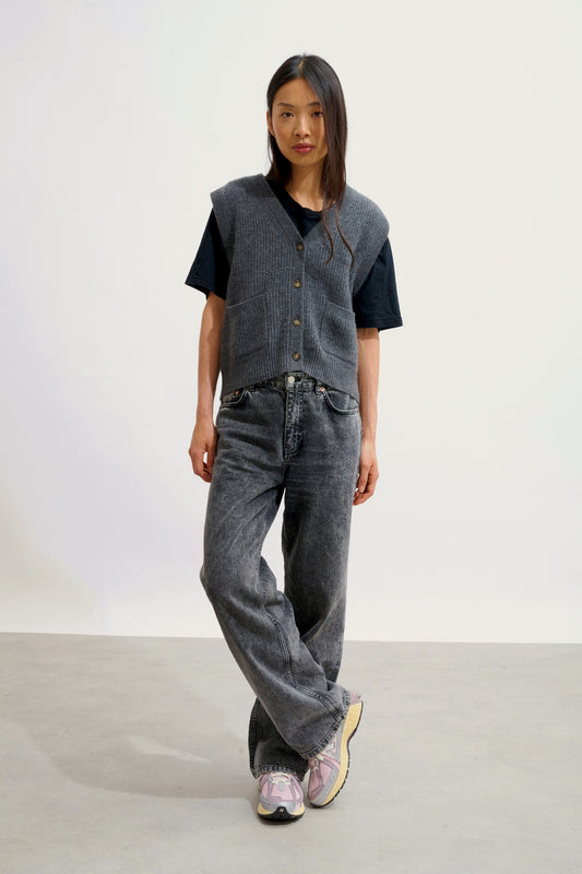 ROSAVIA cardigan col v sans manches 4 fils anthracite chiné 100% cachemire