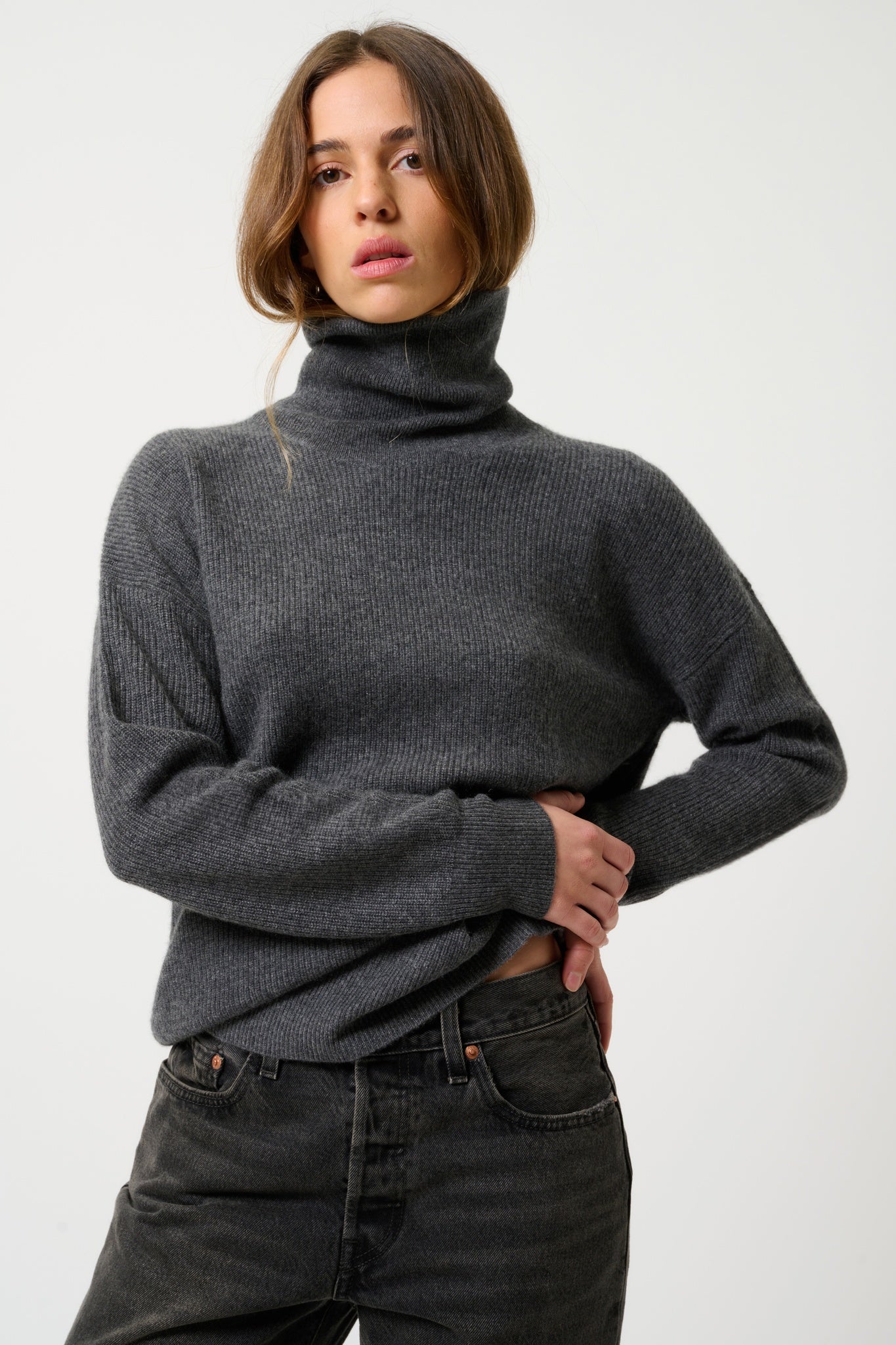 ROXANE pull col roulé anthracite chiné 100% cachemire