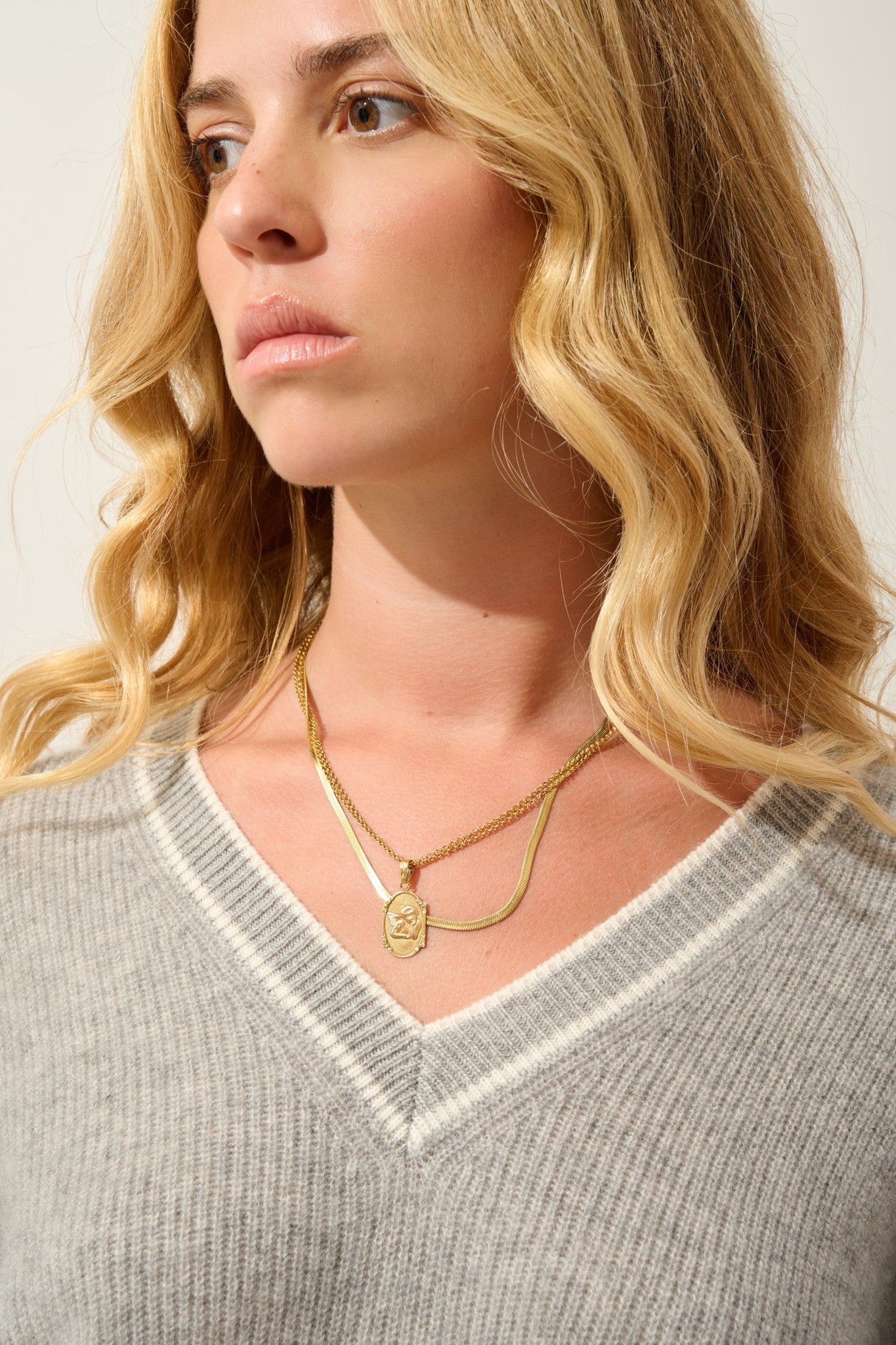 sabine pull col v bi-color nuage chiné_ivoire 100% cachemire