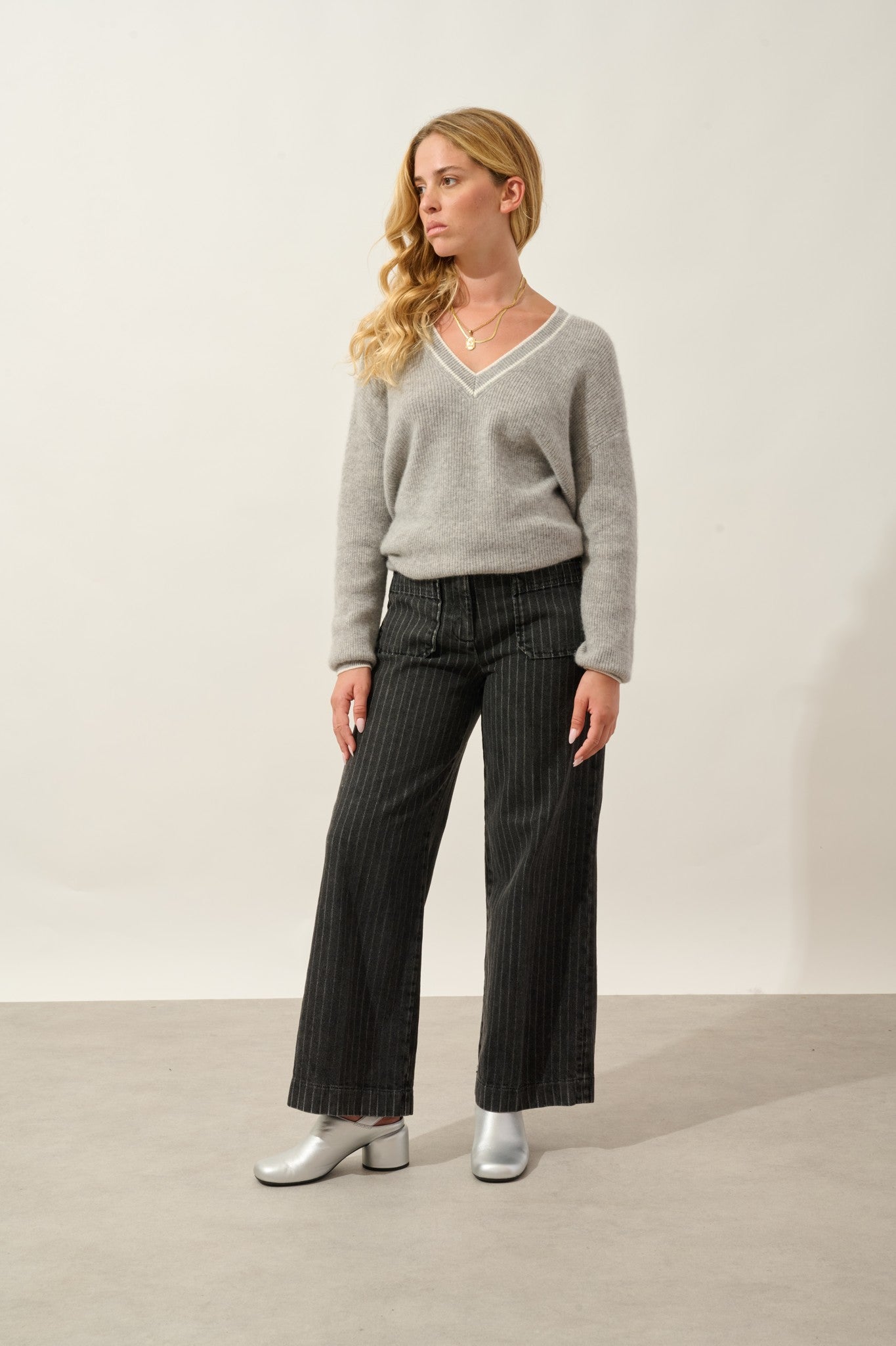 sabine pull col v bi-color nuage chiné_ivoire 100% cachemire