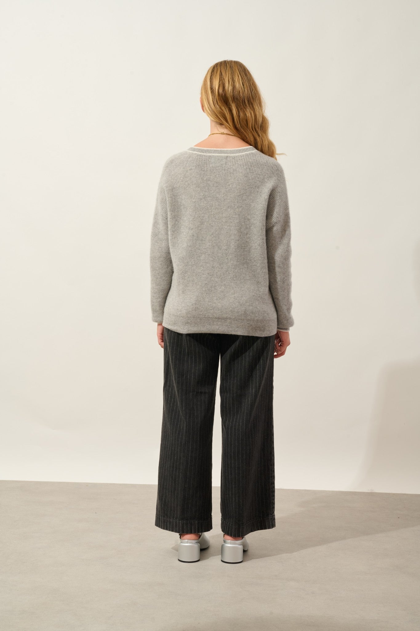 sabine pull col v bi-color nuage chiné_ivoire 100% cachemire