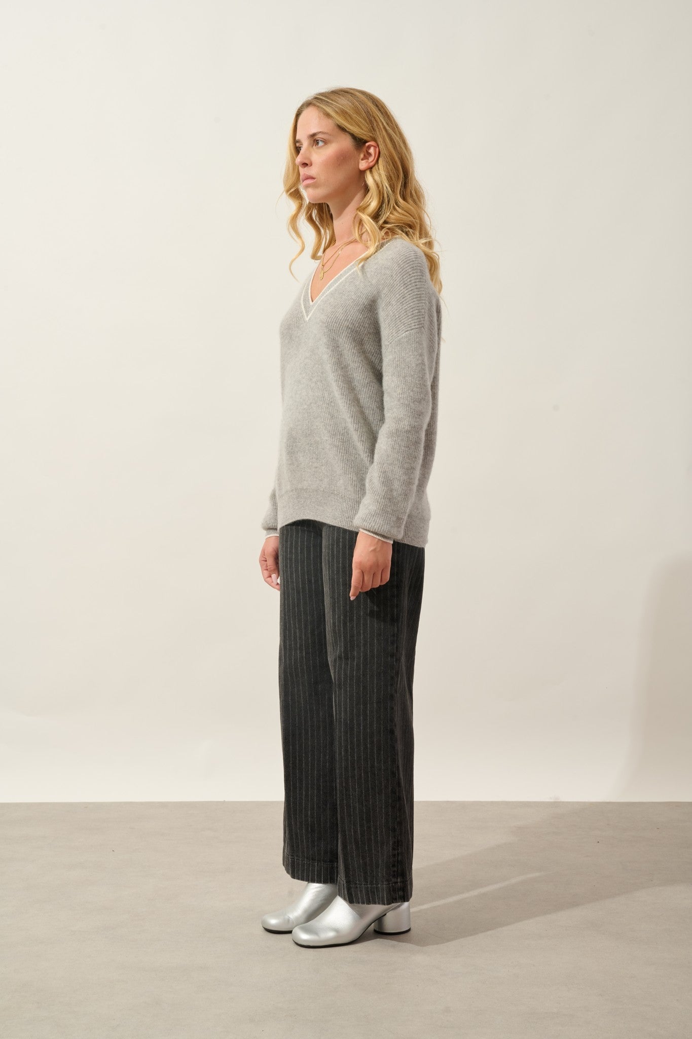 sabine pull col v bi-color nuage chiné_ivoire 100% cachemire