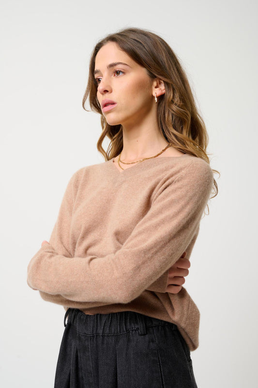 SAVANNAH v-neck sweater camel mottled 100% cashmere